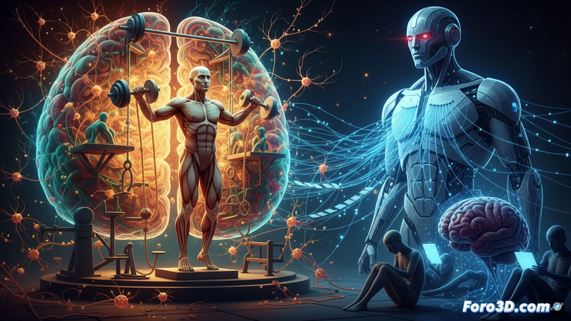 futuristic brain gym interior, human silhouette standing inside transparent neural training pod, holographic synaptic pathways firing across cerebral cortex while glowing blue AI data streams flow outward from user, hand reaching toward physical chalkboard covered in complex organic equations, robotic arm offering digital tablet being ignored, brain plasticity visualization showing neural connections thickening in real-time, cinematic cyberpunk lighting, photorealistic engineering visualization, metallic pod surfaces with LED indicators, dramatic shadows, ultra-detailed neural network mapping