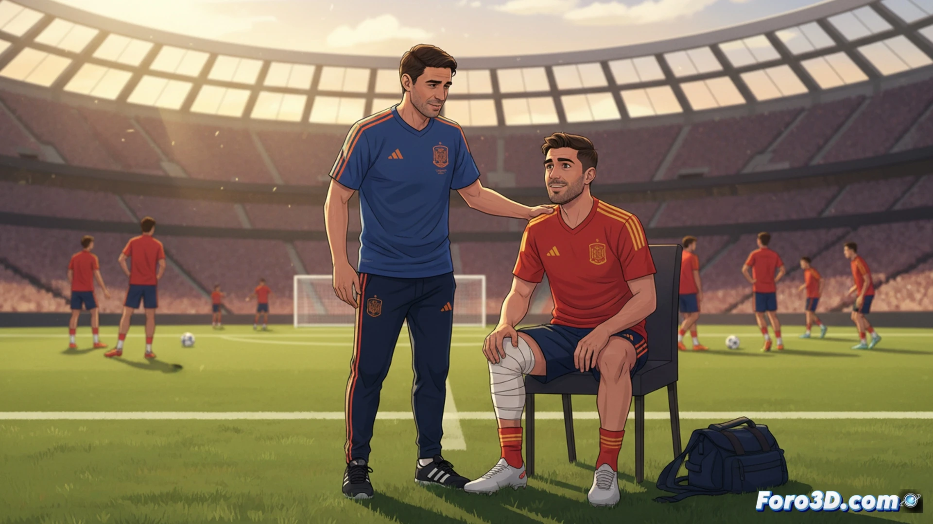 Dani Carvajal, sentado en el vestuario, conversa con Luis de la Fuente; ambos muestran gestos serenos y confiados.