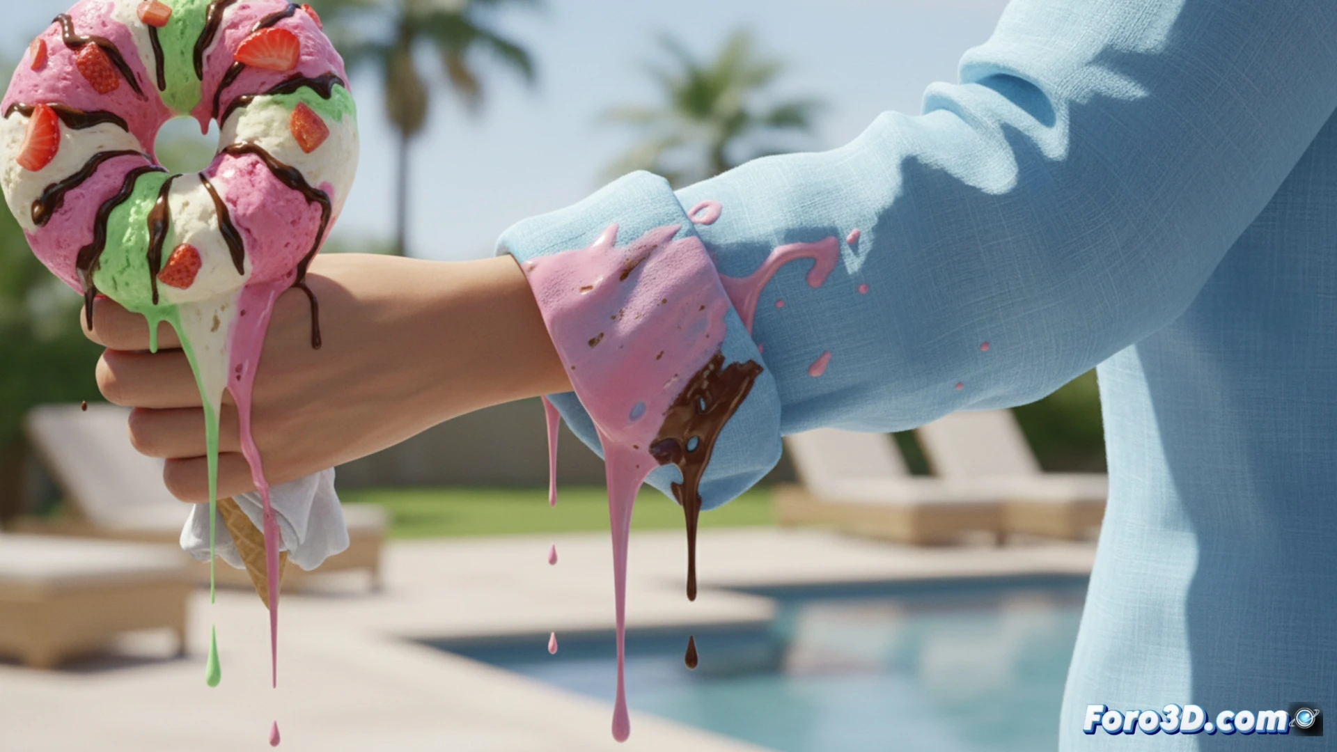 hyper-realistic summer scene, a melting ice cream cone held by a hand, sticky white drip falling precisely onto a clean light-blue shirt sleeve just below the elbow, while a napkin lies unused on a table nearby, bright outdoor sun casting harsh shadows on skin, sweat droplets on the cone surface, fabric texture showing the spreading dark wet stain, cinematic macro photography, extreme close-up, shallow depth of field, warm golden hour lighting, photorealistic technical illustration, high contrast between fresh shirt and melting dessert