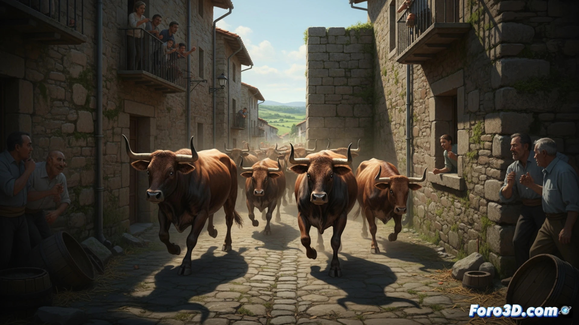 una vaca brava corriendo hacia un callejón estrecho sin salida, polvo levantándose bajo sus pezuñas mientras ignora una plaza abierta y calles anchas al fondo, paredes de piedra rústica a ambos lados, sensación de confinamiento y urgencia, cámara baja y angular, luz dorada de atardecer, estilo cinematográfico fotorrealista, textura de muros desgastados, acción dinámica y tensa, sin texto ni números visibles