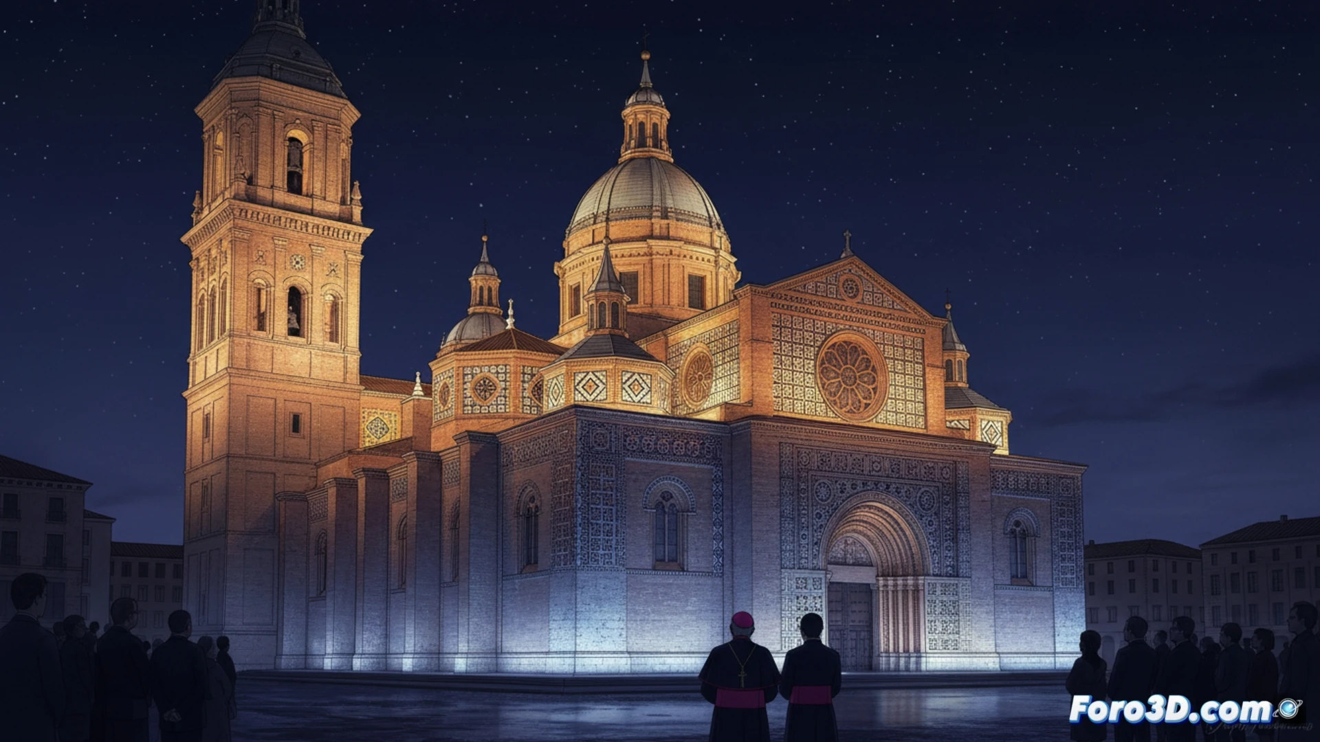 Catedral de la Seo iluminada por la noche, sistema LED recién instalado emitiendo haces de luz cálida sobre el cimborrio mudéjar, torre y muro de la parroquieta, técnico ajustando un panel de control eléctrico en primer plano, cables y componentes electrónicos visibles, arzobispo y alcaldesa junto a un interruptor ceremonial durante el encendido inaugural, estilo cinematográfico fotorrealista, iluminación dramática con contraste entre zonas oscuras y resaltadas, texturas detalladas de ladrillo y piedra, noche despejada, ambientación técnica arquitectónica