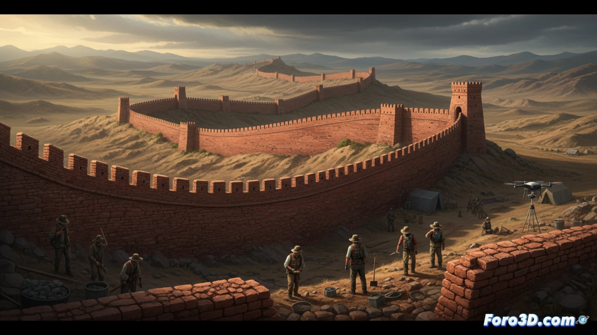 ancient Gorgan Wall brick masonry construction scene, workers in Sassanid-era attire placing red clay bricks along the 195-kilometer fortification, brick layers forming a serpentine pattern across arid Iranian landscape, engineering visualization showing logistical arrangement of brick kilns and water channels, dramatic low-angle shot emphasizing wall height and curvature, warm sunset lighting reflecting off red brick surfaces, photorealistic historical reconstruction, ultra-detailed brick textures and mortar joints, archaeological survey tools visible in foreground, technical illustration style with atmospheric haze