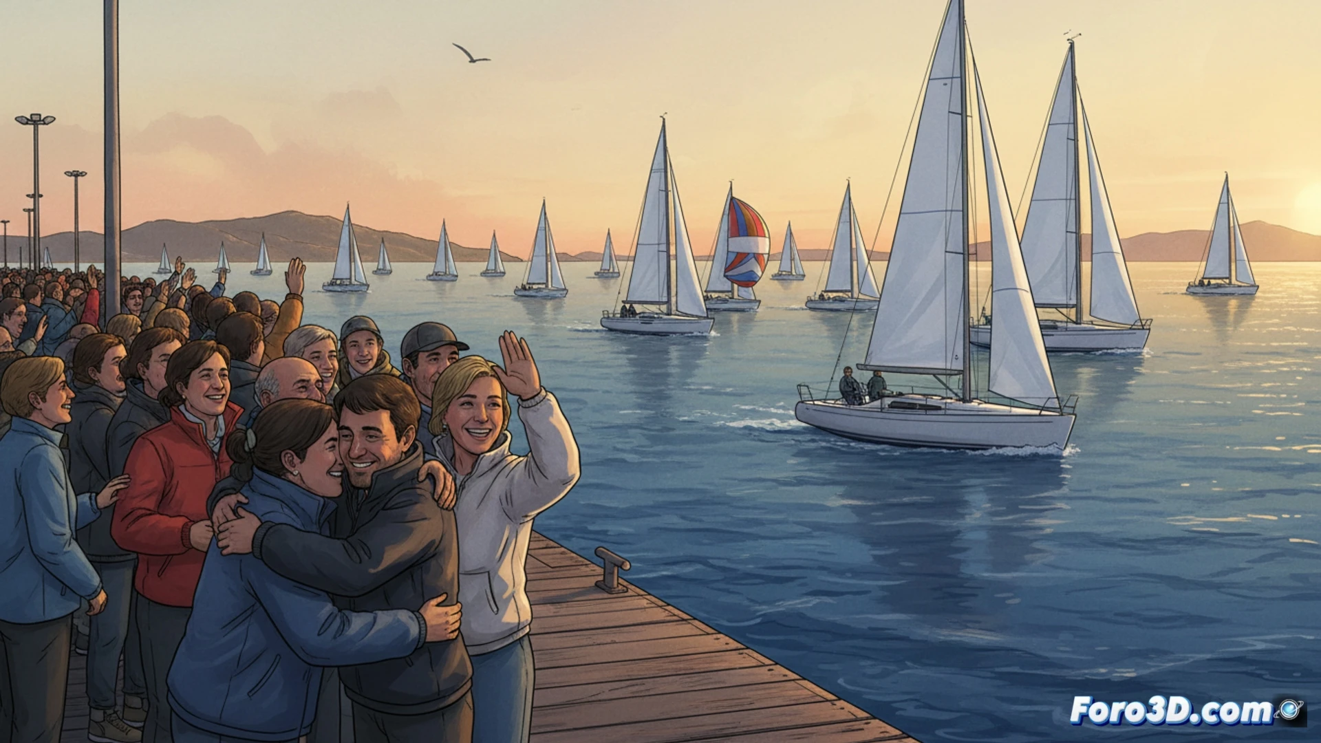 single-handed sailboat leaving Vigo estuary at dawn, bow cutting through Atlantic swell, mainsail catching first light, skipper visible at helm with focused expression, marina crowd waving from dock, flags of Galicia and France fluttering, navigation instruments glowing in cockpit, carbon fiber mast rigging under tension, cinematic photorealistic style, warm golden hour light contrasting with cool blue ocean, spray hitting hull, emotional farewell atmosphere, ultra-detailed sail textures and harbor reflections