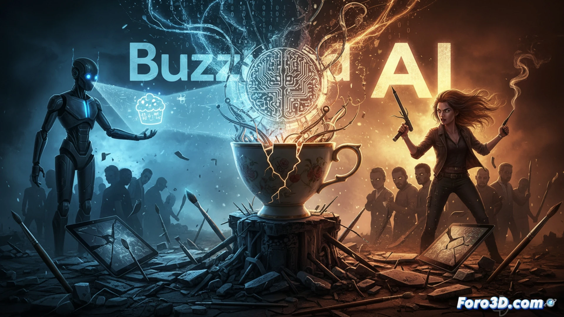 A digital artist hand sketching a cupcake character on a tablet stylus, while a robotic arm with a glowing AI chip crushes a paintbrush and splatters colorful paint across a wooden table, broken palette and cracked screen fragments nearby, dramatic studio lighting casting sharp shadows, photorealistic cinematic style, intense contrast between warm artistic glow and cold blue machine light, debris particles suspended in air during the destructive action, detailed graphite texture on paper and metallic reflection on robotic joints, emotional tension showing the moment of creative replacement