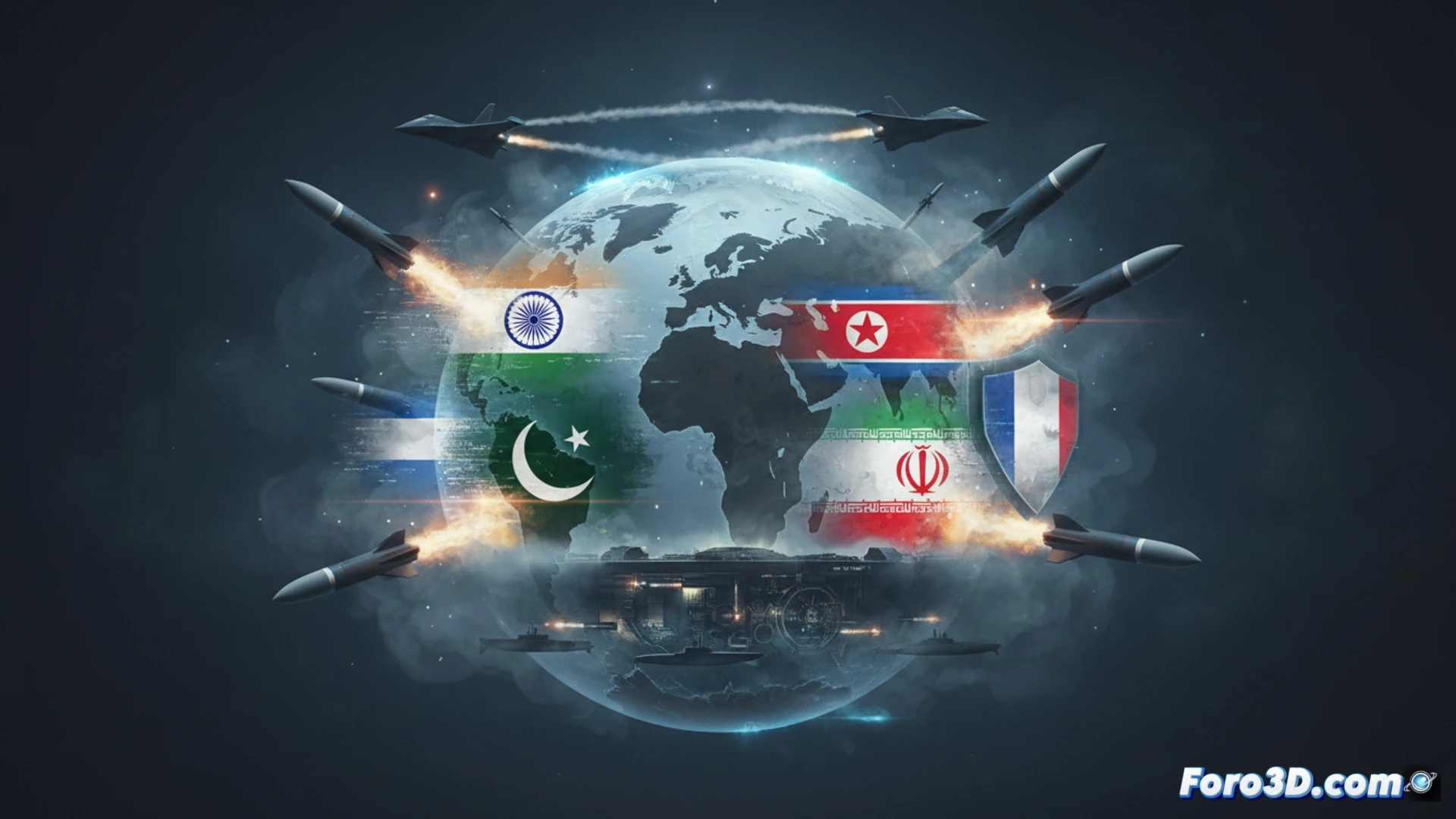 Mapa mundial opaco con siluetas de misiles nucleares en India, Pakistán, Ucrania, Corea del Norte, Irán y Francia, rodeado de nubes de humo y destellos rojos.