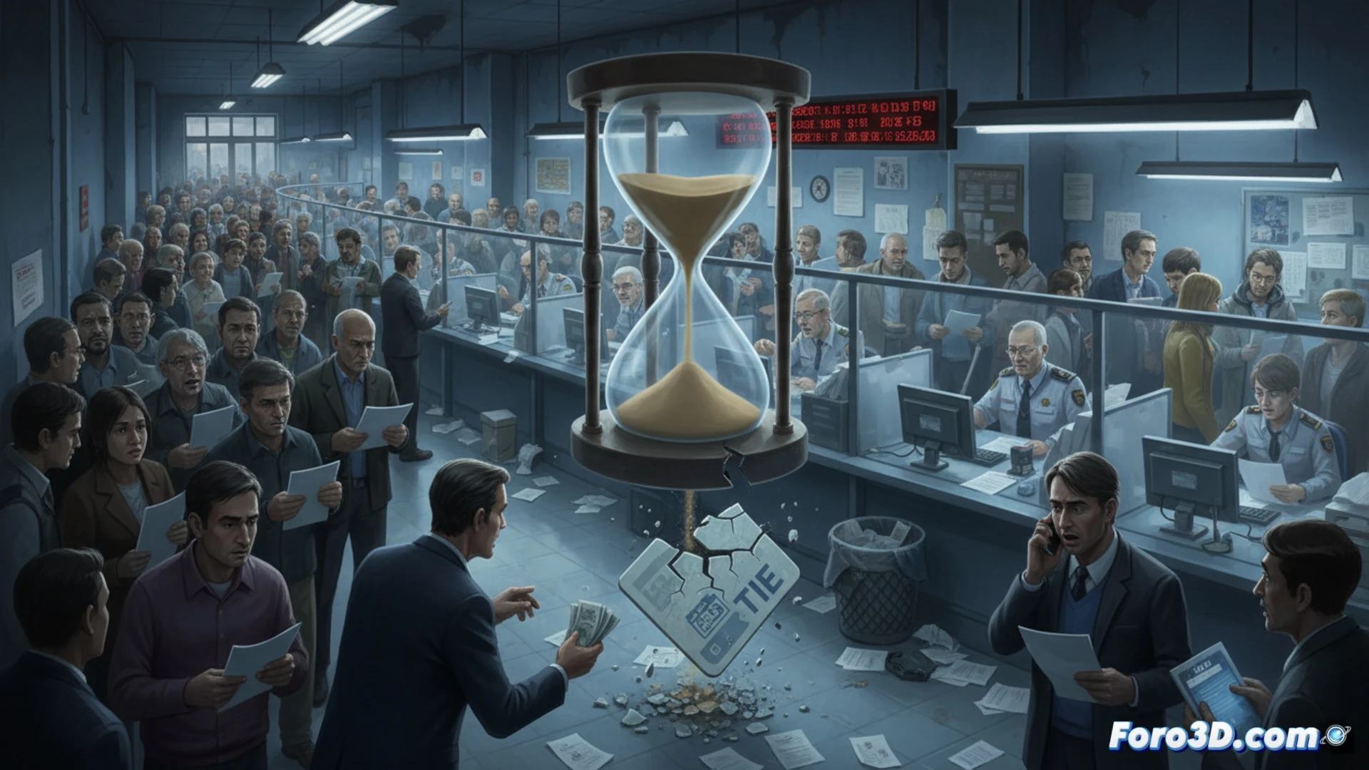 photorealistic scene of chaotic TIE card application office, massive queue of people overflowing into street, desperate applicants holding biometric appointment papers, locutorio worker secretly selling appointment slips for cash, police officer overwhelmed by paperwork, computer screens showing saturated appointment system with error messages, biometric fingerprint scanner idle due to overload, clock ticking, dramatic tension, crowded interior with fluorescent lighting, documentary-style cinematography, ultra-detailed faces showing anxiety, realistic textures of official documents and plastic ID cards
