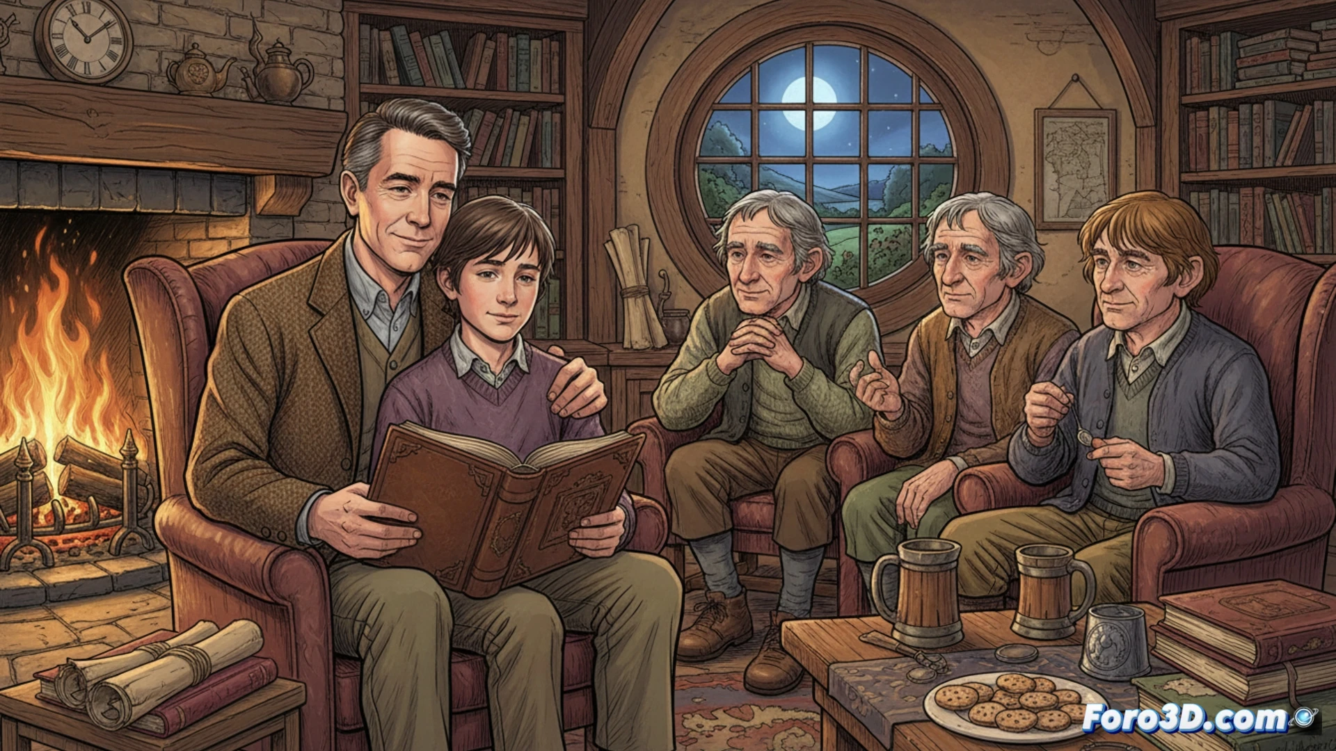 tres hobbits sentados alrededor de una mesa de madera en una acogedora habitación de hobbit, Sam sosteniendo un viejo diario desgastado mientras Merry señala una página abierta, Pippin sosteniendo una linterna de aceite que ilumina sus rostros envejecidos, polvo flotando en la luz cálida, tazas de té medio vacías, un mapa de la Comarca enrollado parcialmente, estilo cinematográfico nostálgico, iluminación ambiental suave, texturas de madera rugosa y papel antiguo, tonos sepia y verde musgo, fotorealismo íntimo, profundidad de campo reducida