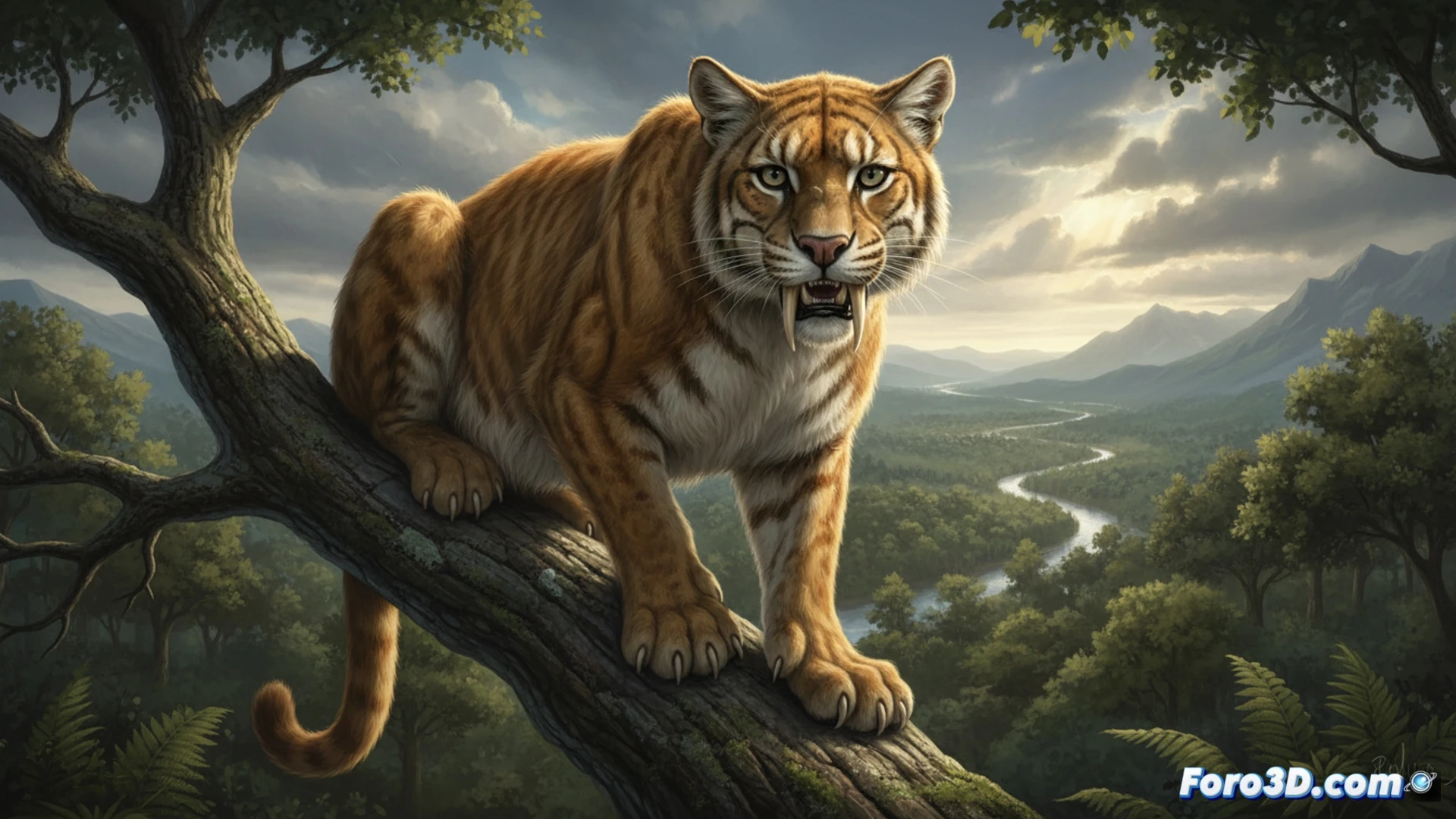 Fósil de cráneo de tigre dientes de sable siendo escaneado por un tomógrafo de rayos X, mientras un científico en laboratorio observa la reconstrucción cerebral 3D en una pantalla de computadora, mostrando áreas visuales y motoras iluminadas en colores, junto a una silueta del felino trepando un árbol rocoso, estilo ilustración técnica paleontológica, iluminación fría de laboratorio, detalles de hueso fosilizado y hardware médico, fondo con estantes de muestras, render fotorrealista