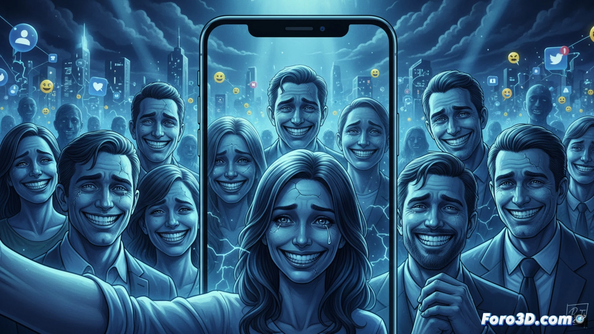 cinematic scene of a woman in a modern glass office, smiling brightly into a smartphone camera for a selfie, while behind her reflection in the window, her true expression shows tears streaming down her face, a cracked smartphone screen lying on the desk nearby, glowing social media notification icons floating in the air around her, psychological pressure visualized as faint digital chains wrapping around her wrists, photorealistic technical illustration, dramatic contrasting lighting between warm screen glow and cold window reflection, hyper-detailed skin texture and glass refraction, emotional duality captured in a single frozen moment, cinematic depth of field, industrial blue and amber color palette