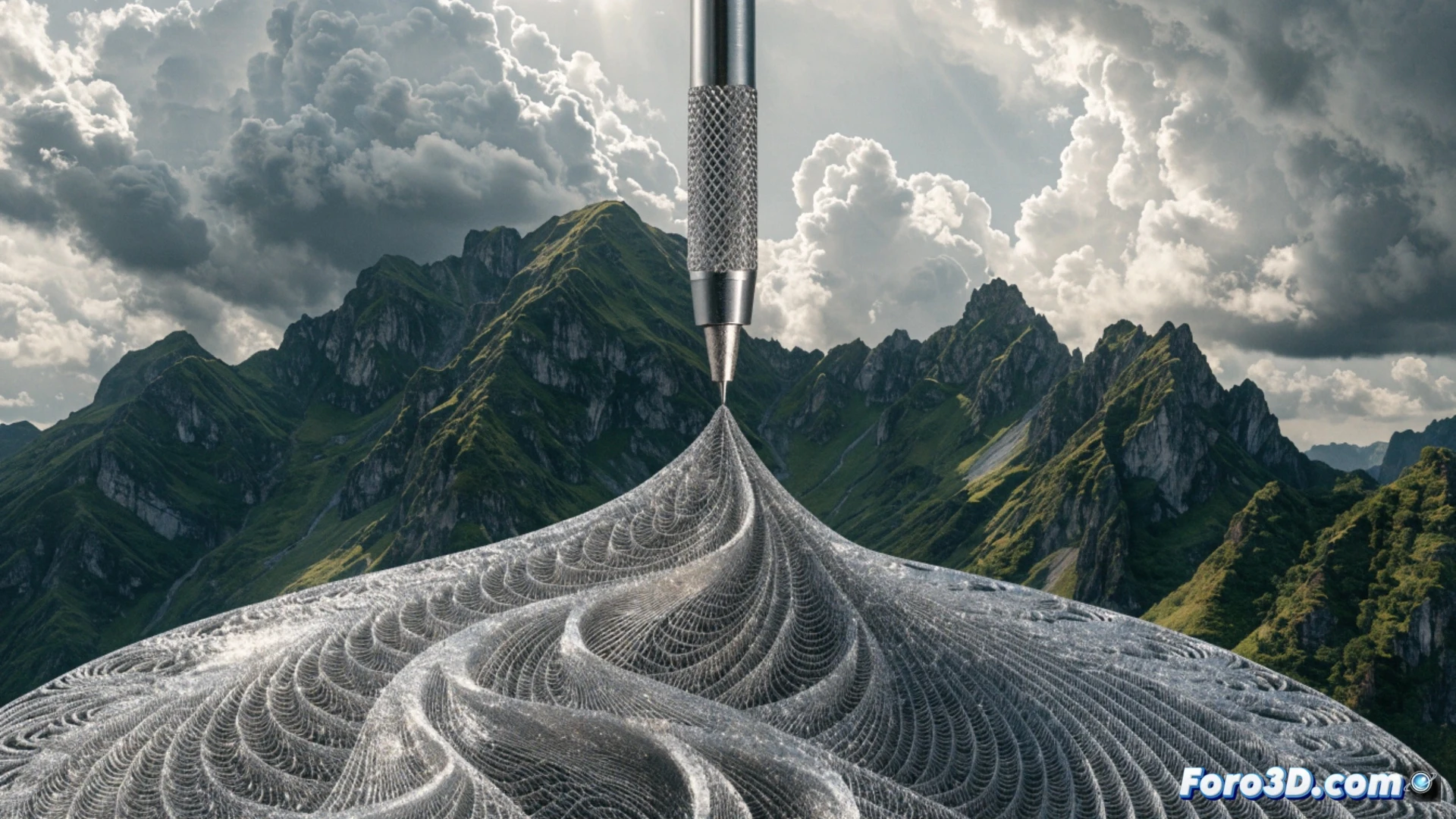 Un topógrafo digital sostiene un lápiz 3D frente a una pantalla con nubes de puntos y un dron sobre un terreno modelado en relieve.