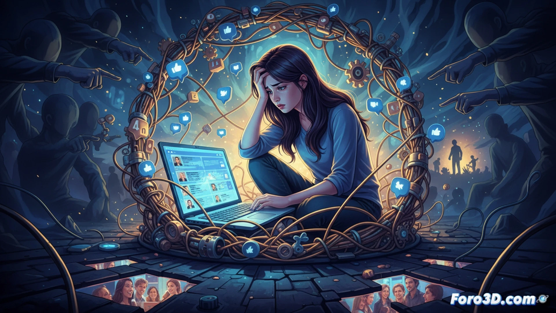 young woman sitting at a desk, staring at a smartphone screen showing LinkedIn profiles of colleagues, her face lit by the phone’s glow with a conflicted expression, one hand holding a pen over a notebook with career notes, office cubicle background with financial charts on a monitor, subtle visual contrast between her modest workspace and luxury travel ads on the phone, cinematic photorealistic style, cool blue and warm amber lighting, depth of field blurring background clutter, ultra-detailed facial microexpressions, realistic digital screen reflections, dramatic tension in body language