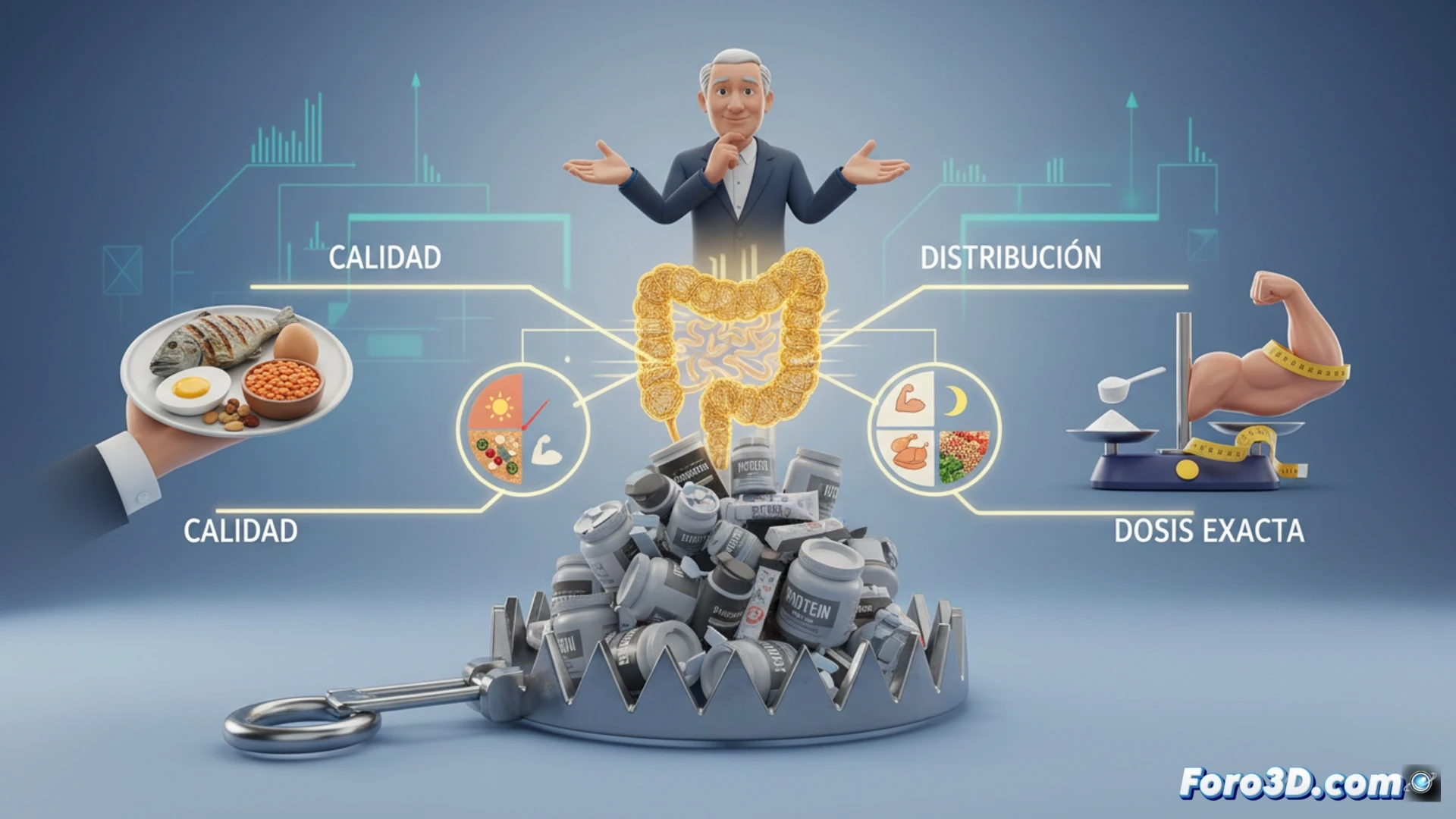 Infografía 3D nutricional sobre proteína, calidad y distribución óptima para evitar excesos alimentarios