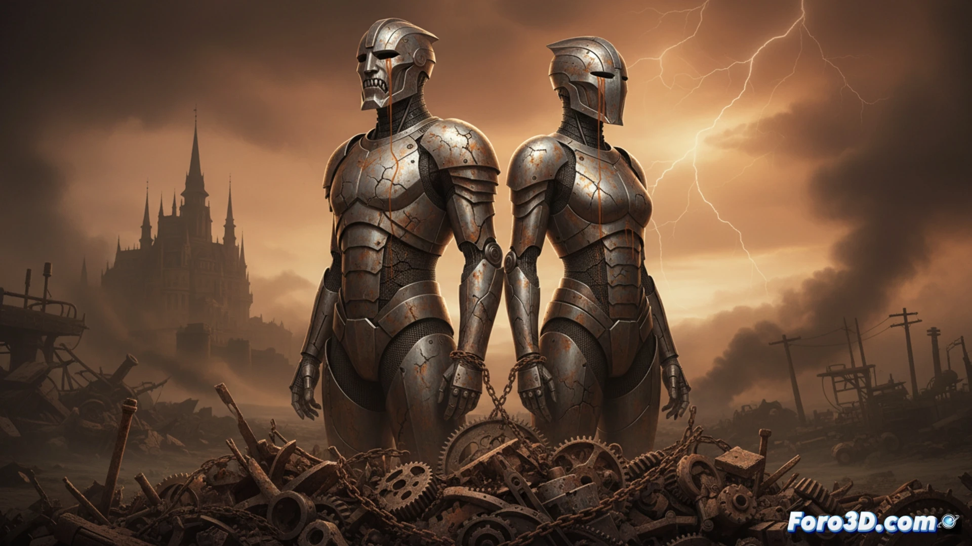 Photorealistic cinematic scene of a modern glass office at dusk, two professionals a man and a woman standing back to back, both encased in transparent metallic exoskeletons that are visibly rusting from the inside, their hands reaching toward each other but stopped by the rigid armor, one hand trembling mid-air while the other pulls back into a fist, soft warm light from a computer monitor on a desk showing a paused video call with an empty chair, technical illustration style, cold blue and amber contrast, hyper-detailed corrosion textures on the exoskeleton joints, motion blur on the hesitant hand gesture, dramatic chiaroscuro lighting emphasizing isolation, ultra-realistic metal oxidation and glass reflections.