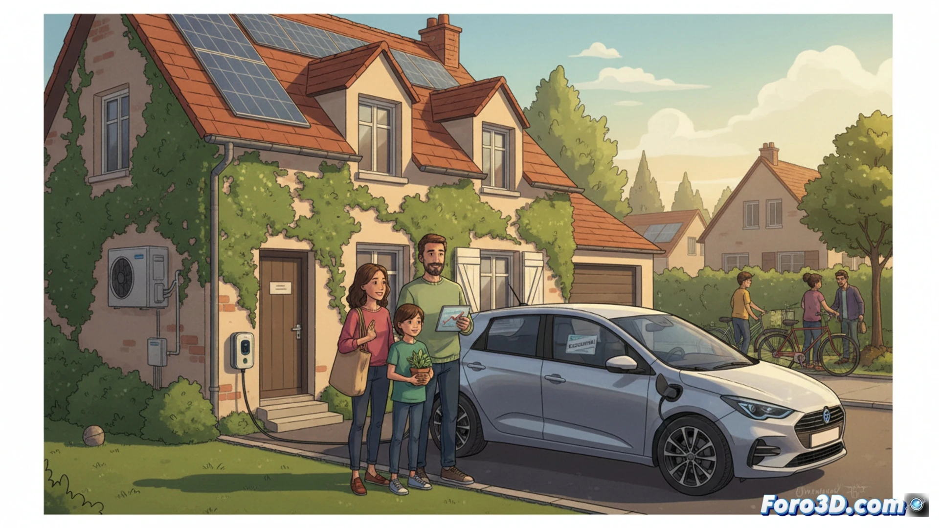 Una familia francesa de clase media sonríe junto a un coche eléctrico usado, paneles solares en el tejado y un termostato inteligente.