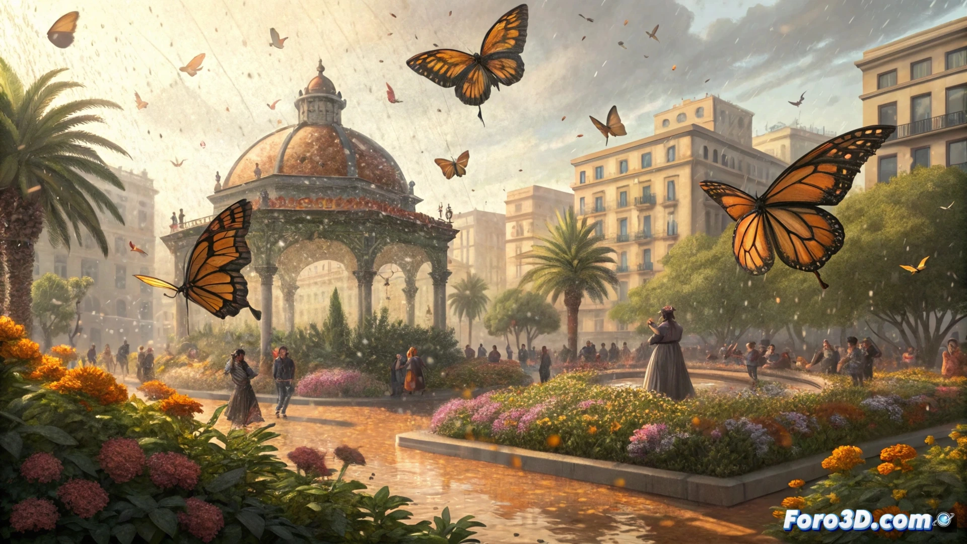 Un día soleado tras la lluvia, cientos de mariposas sobrevuelan la Trobada de Dénia en la Glorieta.