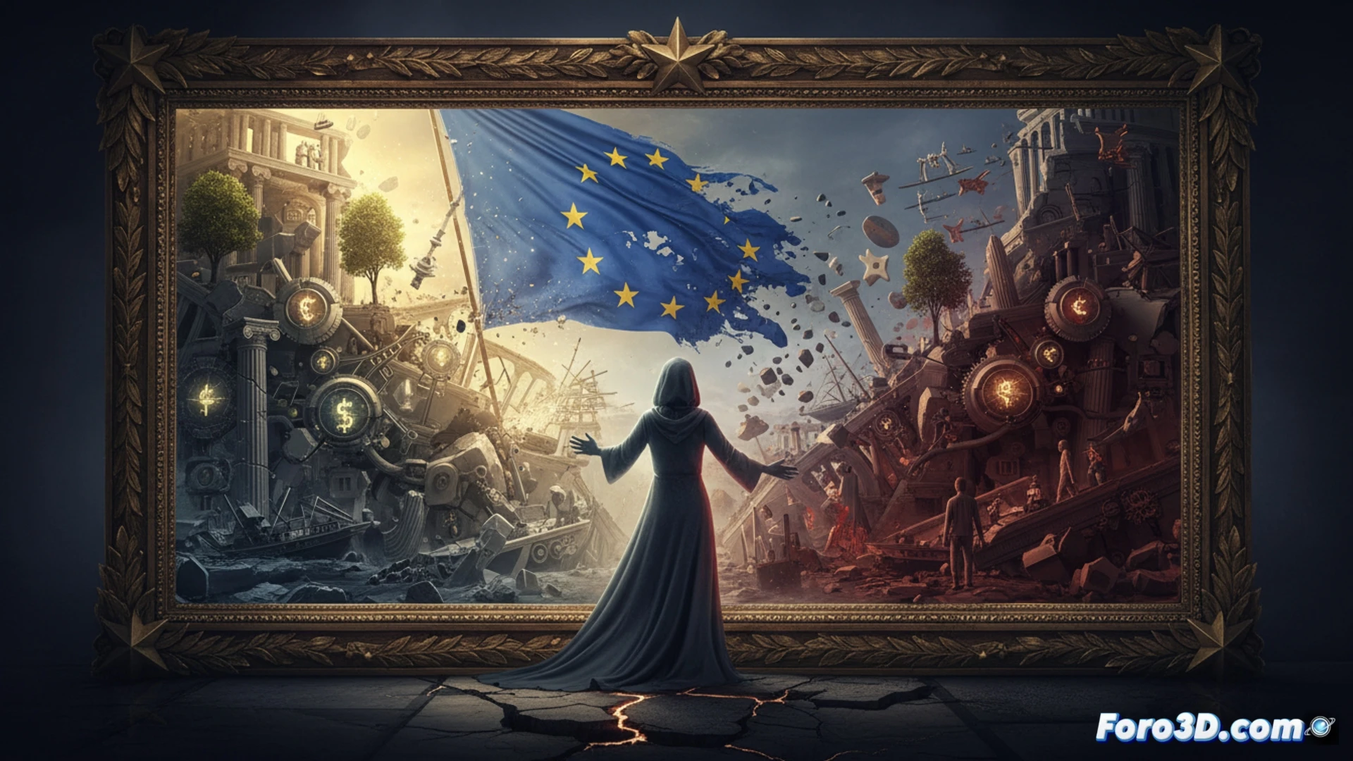 Un espejo roto refleja fragmentos de la bandera europea, con grietas que separan estrellas doradas, mientras manos intentan unir las piezas sobre un fondo gris.