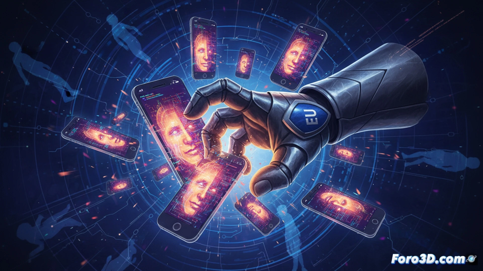 Imagen muestra un smartphone con una app de IA de desnudos, rodeado de advertencias legales de la UE y un candado roto simbolizando la privacidad.