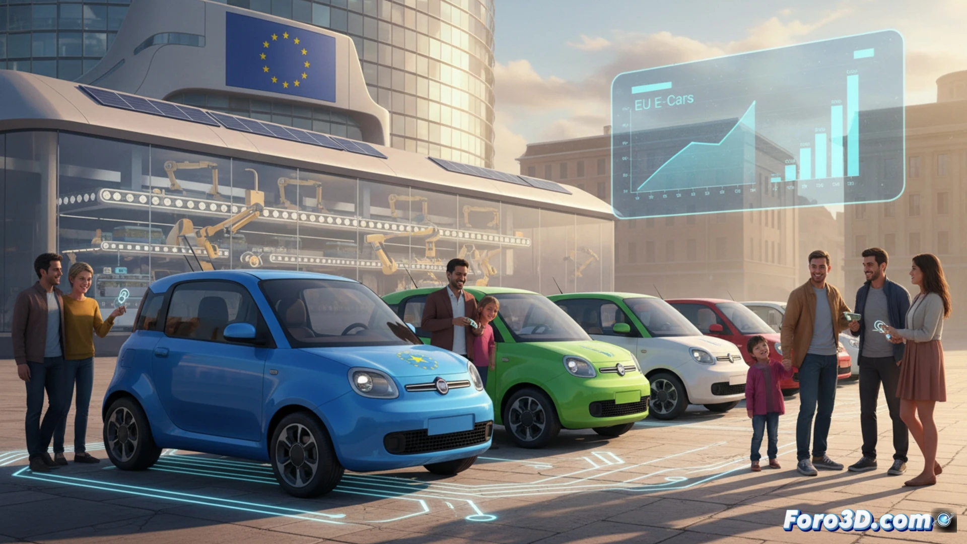 Compact electric car assembly line, workers installing battery pack under a sub-4-meter vehicle body, robotic arm placing a 15.000 euro price tag component on the chassis, Stellantis engineers inspecting a Fiat Panda prototype next to a retro 2CV silhouette, technical illustration style, bright factory lighting, blue and white EU flag decal on the assembly robot, conveyor belt with multiple small EV frames in motion, exposed wiring harnesses and inverter modules visible, photorealistic engineering visualization, clean metallic surfaces, dynamic action of mass production process