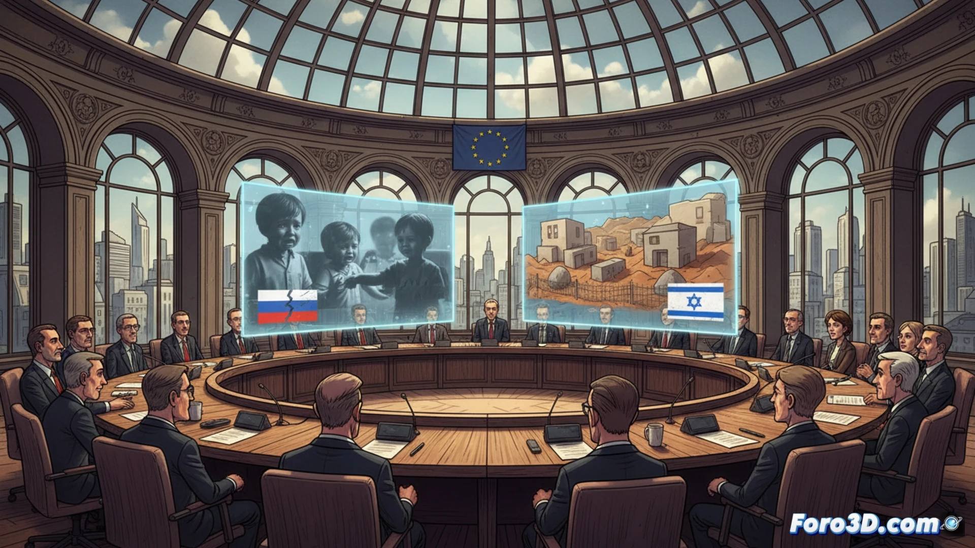 Una sala de reuniones de la UE en Bruselas, con ministros debatiendo sanciones; al fondo, siluetas de niños y colonos.