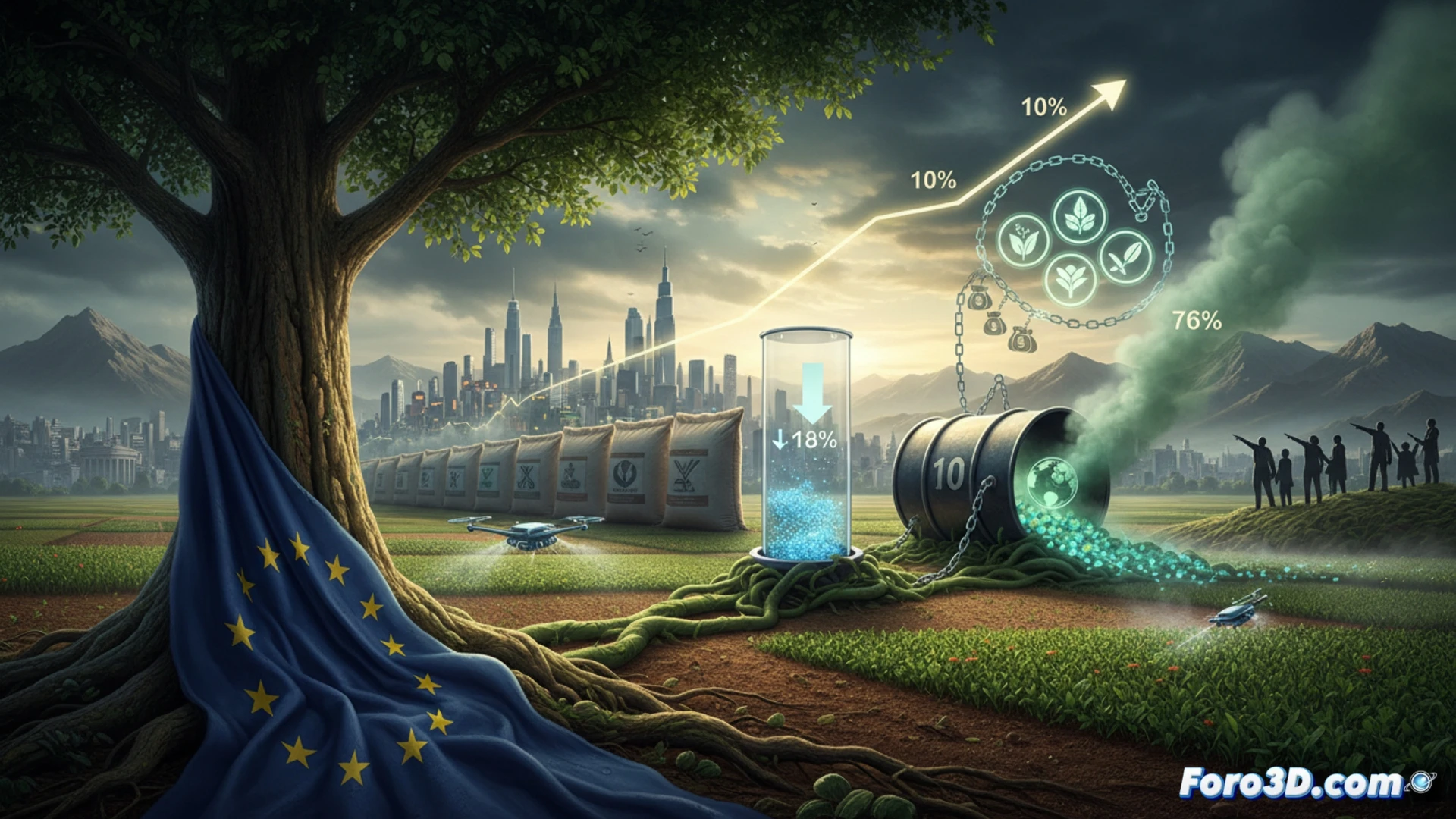 agricultural landscape split diagonally, left side showing pesticide sprayer drone hovering over green crops with chemical mist falling, right side displaying a bar chart made of stacked pesticide containers rising upward, European Union flag faintly overlaid on the scene, a farmer holding a tablet showing declining graph while another tractor sprays intensively, photorealistic technical illustration, cinematic lighting with amber sunset contrasting chemical haze, ultra-detailed crop leaves and spray droplets, realistic industrial agricultural machinery, dramatic contrast between reduction data and continued heavy usage