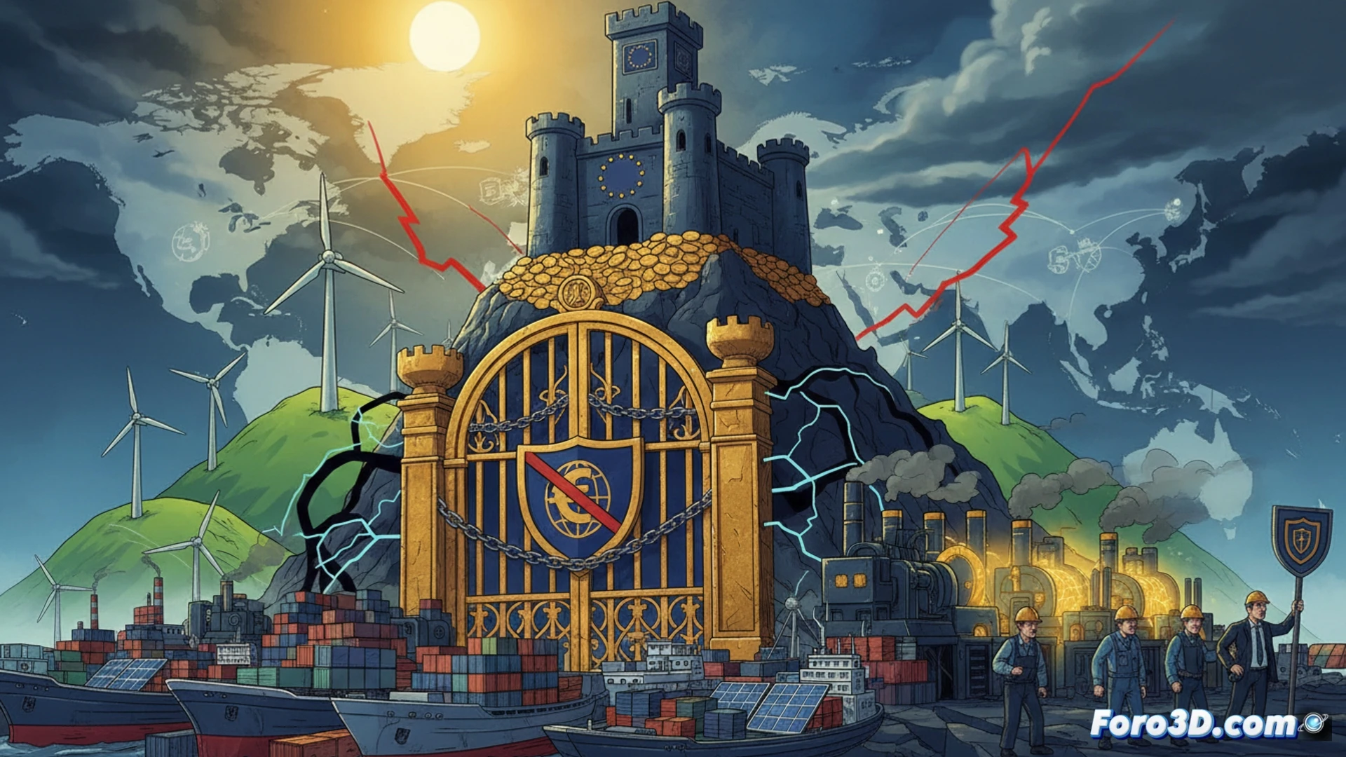Photorealistic engineering visualization showing a fragmented European Union flag being stitched together with thick trade barrier walls, customs inspection scanners actively blocking imported goods while domestic factory conveyor belts display empty workstations, glowing subsidy coins flowing into automated machinery but no workers present, cracked green energy wind turbines in background, dramatic industrial lighting, metallic textures, hyperdetailed customs equipment, cinematic contrast between protected zones and stagnant production lines