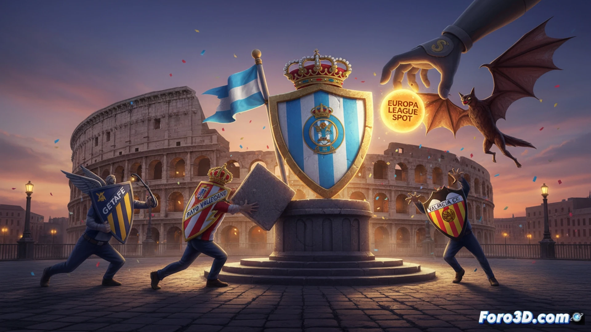 tres futbolistas en acción simultánea, uno del Celta lanzando un pase preciso mientras un defensor del Sevilla desliza el pie para interceptar, al fondo otros dos jugadores de Getafe y Rayo Vallecano corriendo hacia el balón perdido, estadio iluminado con focos de alta potencia, césped con marcas de desgaste táctico, cámara a nivel del suelo capturando el movimiento dinámico de las piernas y el sudor en los dorsales, estilo cinematográfico realista, profundidad de campo con aficionados borrosos al fondo, colores vibrantes del atardecer mezclados con luces artificiales, textura detallada de la hierba y las botas, photorealistic technical sports illustration