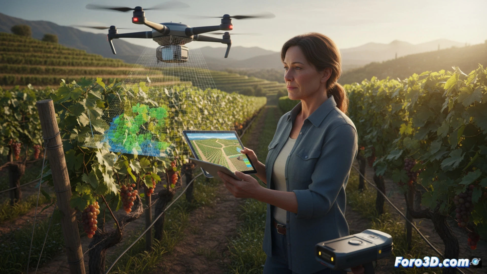 Viñedo en 3D con drones y escáneres; viticultor analiza datos en tablet, cepas verdes y terreno modelado.