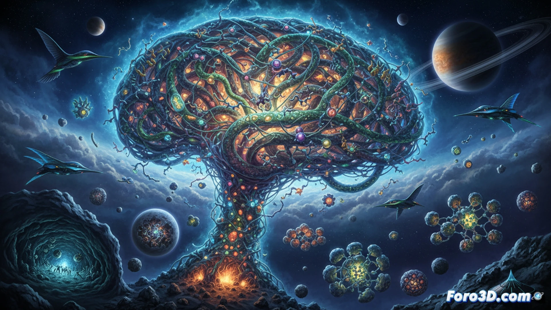 Microscopic view of primordial molecular network assembling on a mineral surface, glowing organic compounds linking in cooperative chains, forming a self-sustaining ecosystem, while a distant exoplanet atmosphere shows biosignature gases like methane and oxygen, technical scientific illustration, photorealistic render, golden-hour lighting on the mineral substrate, blue and green bioluminescent molecules, detailed crystalline structures, atmospheric haze around the alien world, cinematic depth of field, showing the transition from molecular community to planetary biosphere