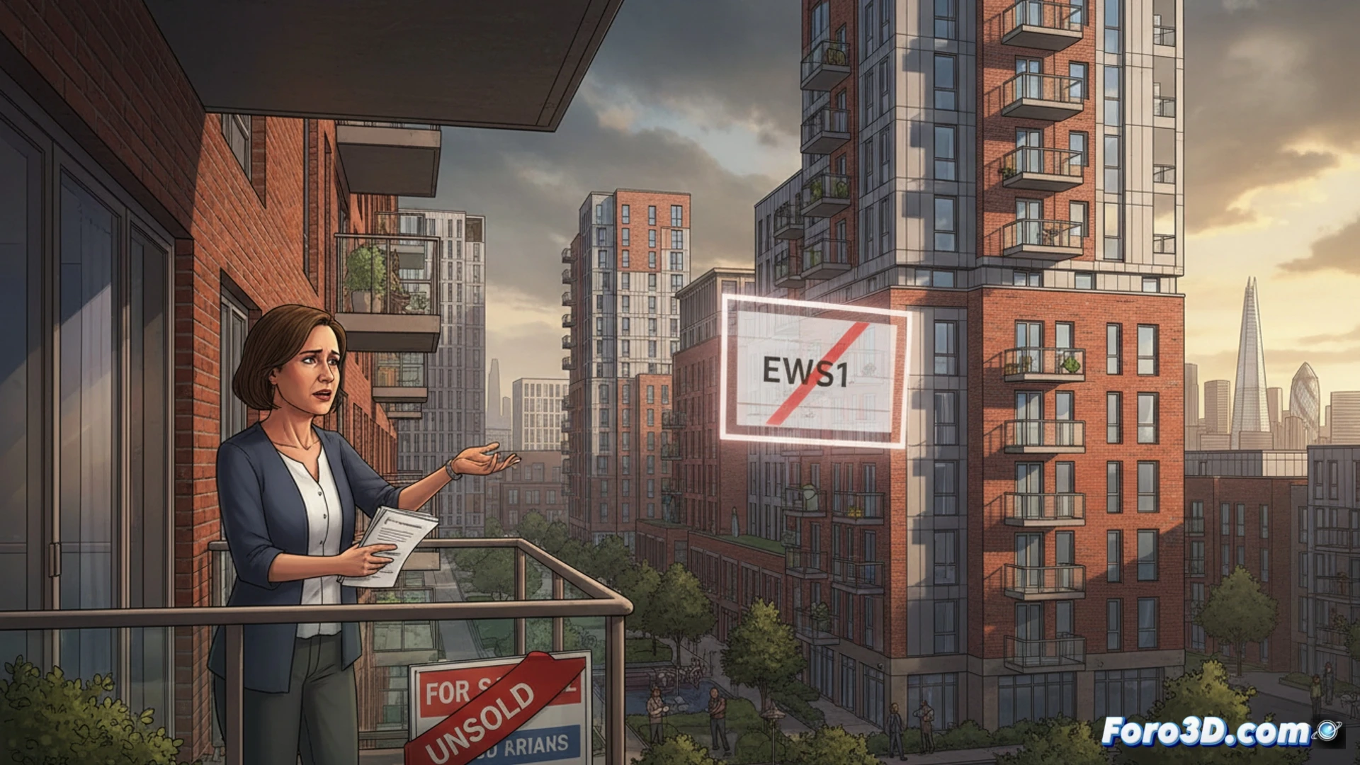 Modern apartment building facade with a missing EWS1 safety certificate document taped to entrance glass, real estate agent holding a Sold sign upside down, potential buyers walking away while checking smartphones, overcast London sky, concrete balcony railings, technical engineering visualization, building cross-section revealing fire safety gaps in cladding, photorealistic architectural render, cinematic lighting, muted grey and blue color palette, fine detail on certificate text placeholder and building materials
