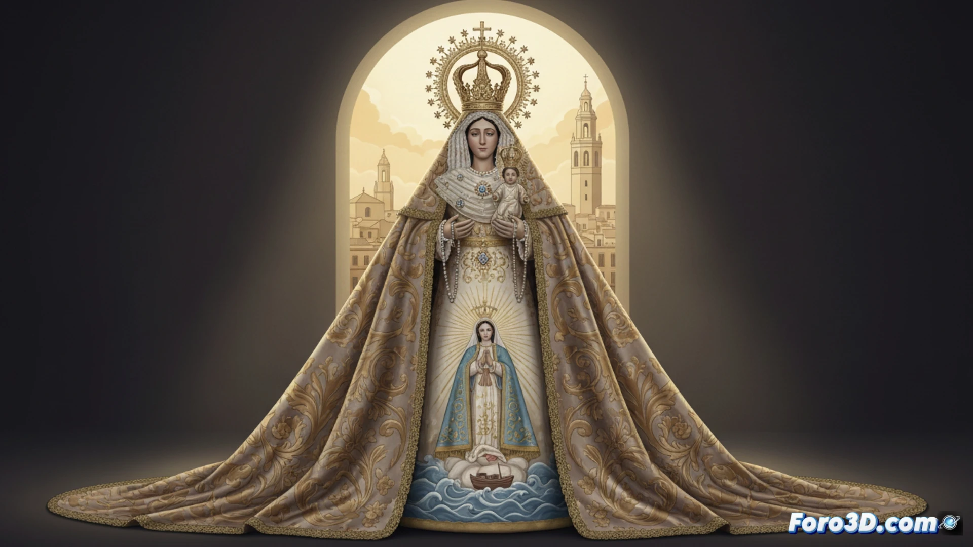 Una imagen de la Virgen de los Desamparados con manto marrón claro Terreta, saliendo de la Basílica ante la mirada de la fallera mayor desde el balcón.