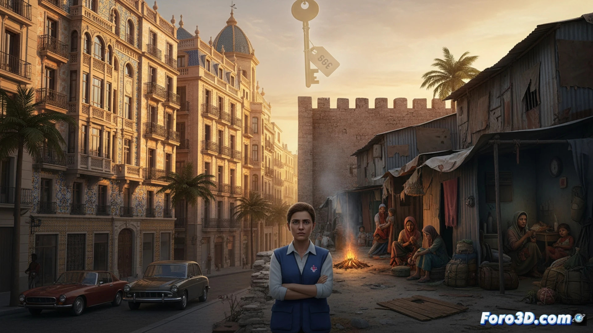 Luxury glass apartment tower rising above cramped historic Sevilla rooftops, construction crane lifting a golden key instead of building materials, homeless family sleeping on cardboard below, contrast between modern glass facade and cracked traditional tiles, dramatic evening light casting long shadows, photorealistic architectural visualization, hyper-detailed textures, cinematic depth of field, urban inequality theme, warm sunset glow on new building while ground level fades into cold blue shadows, action of displacement shown through spatial composition, technical construction details visible in scaffolding and steel beams