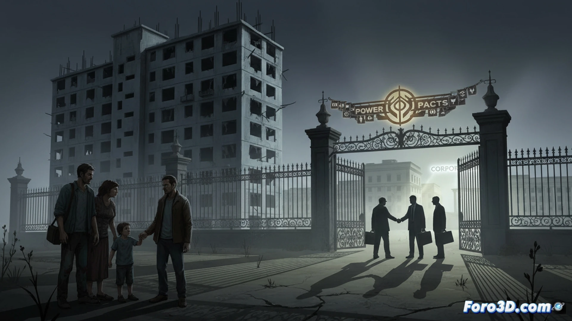 Photorealistic cinematic scene of a politician in a suit ignoring a broken-down house while handing a large corporate subsidy check to a factory owner, foreground shows a family holding a rent contract and a broken key, background has a city skyline with cranes and luxury towers, politician’s briefcase open with party logos and power documents, family’s tools like a hammer and measuring tape lie unused on the ground, dramatic contrast lighting, deep shadows on the neglected house, bright golden light on the corporate handshake, technical illustration style with sharp focus on symbolic action, ultra-detailed textures of concrete, glass, and paper