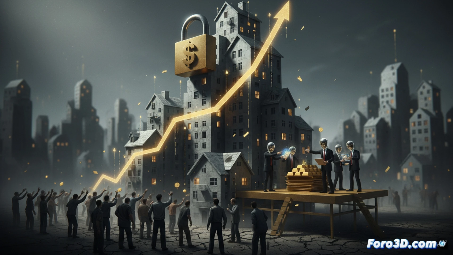 Aerial view of a city neighborhood being dissected by glowing financial graphs and stock tickers projected onto rooftops, a giant digital padlock snapping shut around a block of flats, while a human hand wearing a suit cuff and expensive watch pulls a lever labeled with a bar chart, construction cranes frozen mid-motion, foundation cracks spreading like circuit traces, cinematic architectural visualization, photorealistic urban decay, cold blue and neon orange lighting, hyper-detailed brick textures and glass reflections, dramatic contrast between warm home lights and cold data overlays, technical illustration style