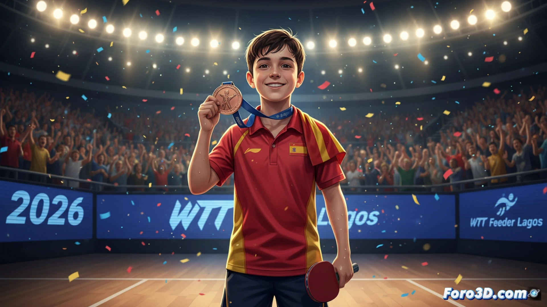 young table tennis player in dynamic action pose, performing a powerful forehand topspin stroke during a professional match, table with net and spinning ball mid-air, bright indoor stadium lights illuminating the court, scoreboard in background showing match point, photorealistic sports photography style, shallow depth of field focusing on the athlete's intense expression and paddle contact with ball, sweat droplets frozen in motion, high-speed shutter effect capturing ball spin, professional tournament atmosphere with blurred audience, dramatic side lighting emphasizing muscle tension and equipment detail