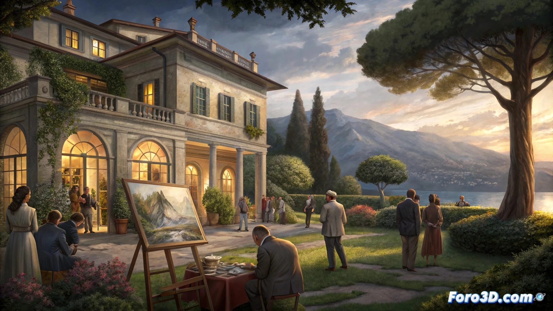 Villa Erbe junto al lago, visitantes sin multitudes observan artistas dibujando cómics en mesas al aire libre.
