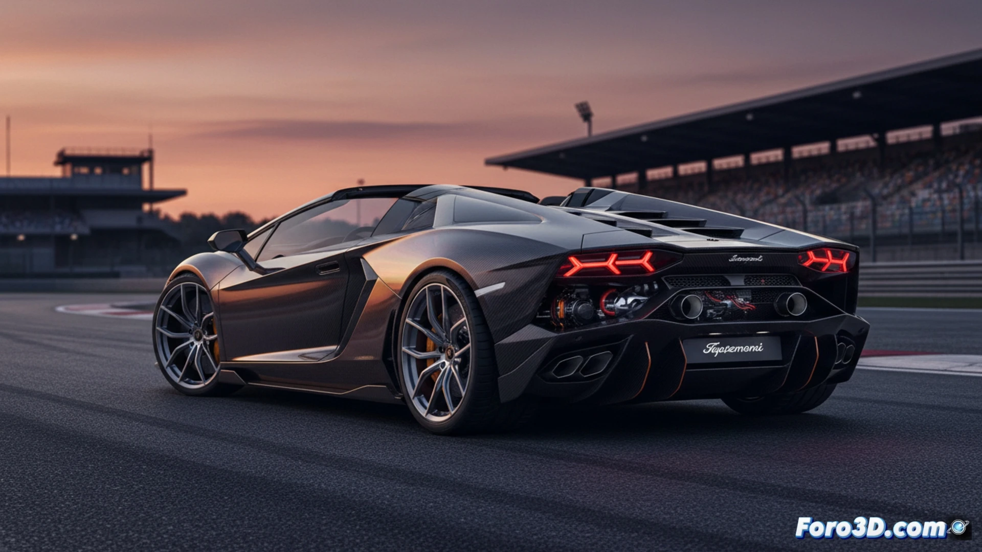 Un superdeportivo descapotable negro y naranja acelera en una pista, bajo un cielo despejado, mostrando su potencia híbrida V12.
