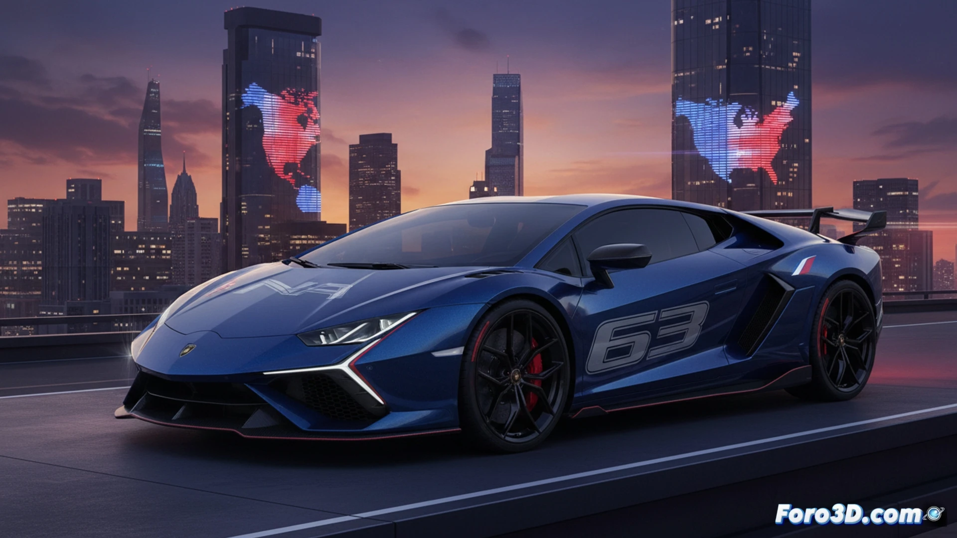 Lamborghini Revuelto NA63 azul marino con detalles rojos y blancos, frente a la bandera de EE.UU. y Canadá.