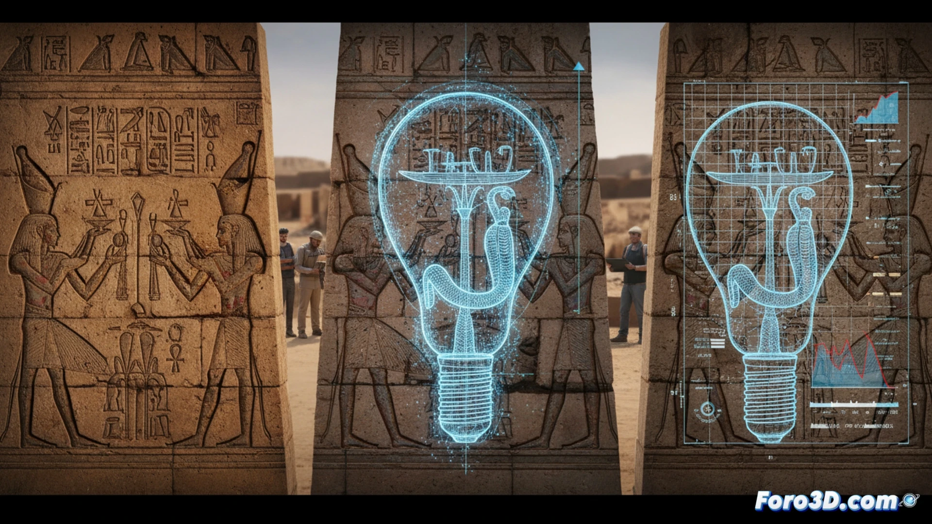 Bajorrelieves del templo de Hathor en Dendera mostrando figuras similares a bulbos y filamentos eléctricos