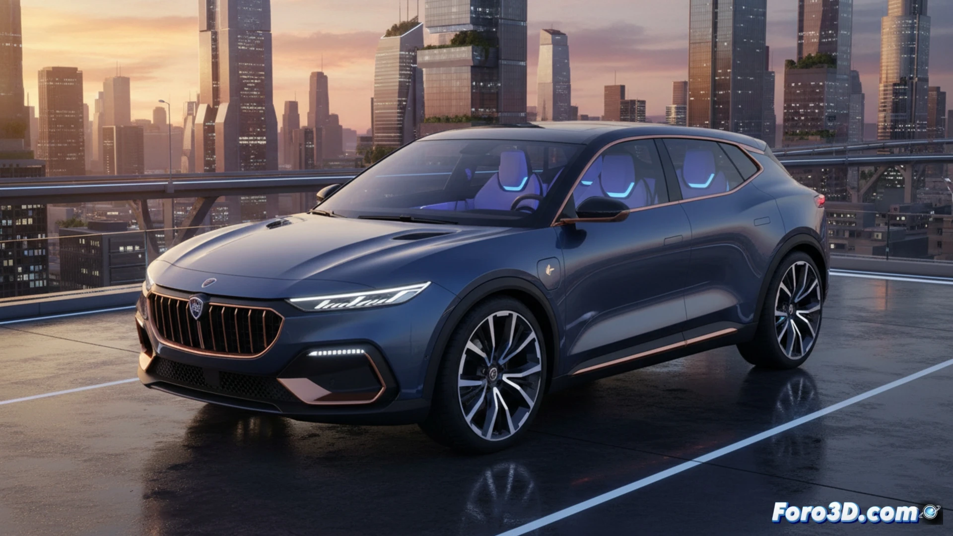Lancia Gamma 2026 crossover eléctrico durante pruebas aerodinámicas en túnel de viento, líneas retro iluminadas con LED azul mientras el flujo de aire interactúa con la carrocería, suspensión activa mostrando ajuste en tiempo real, batería expuesta bajo el chasis con cables de alta tensión visibles, suelo reflectante simulando asfalto mojado, ingenieros monitoreando datos en pantallas holográficas, estilo cinematic photorealistic, iluminación dramática de estudio, detalles de faros triangulares y llantas de aleación futuristas, render técnico de alta fidelidad