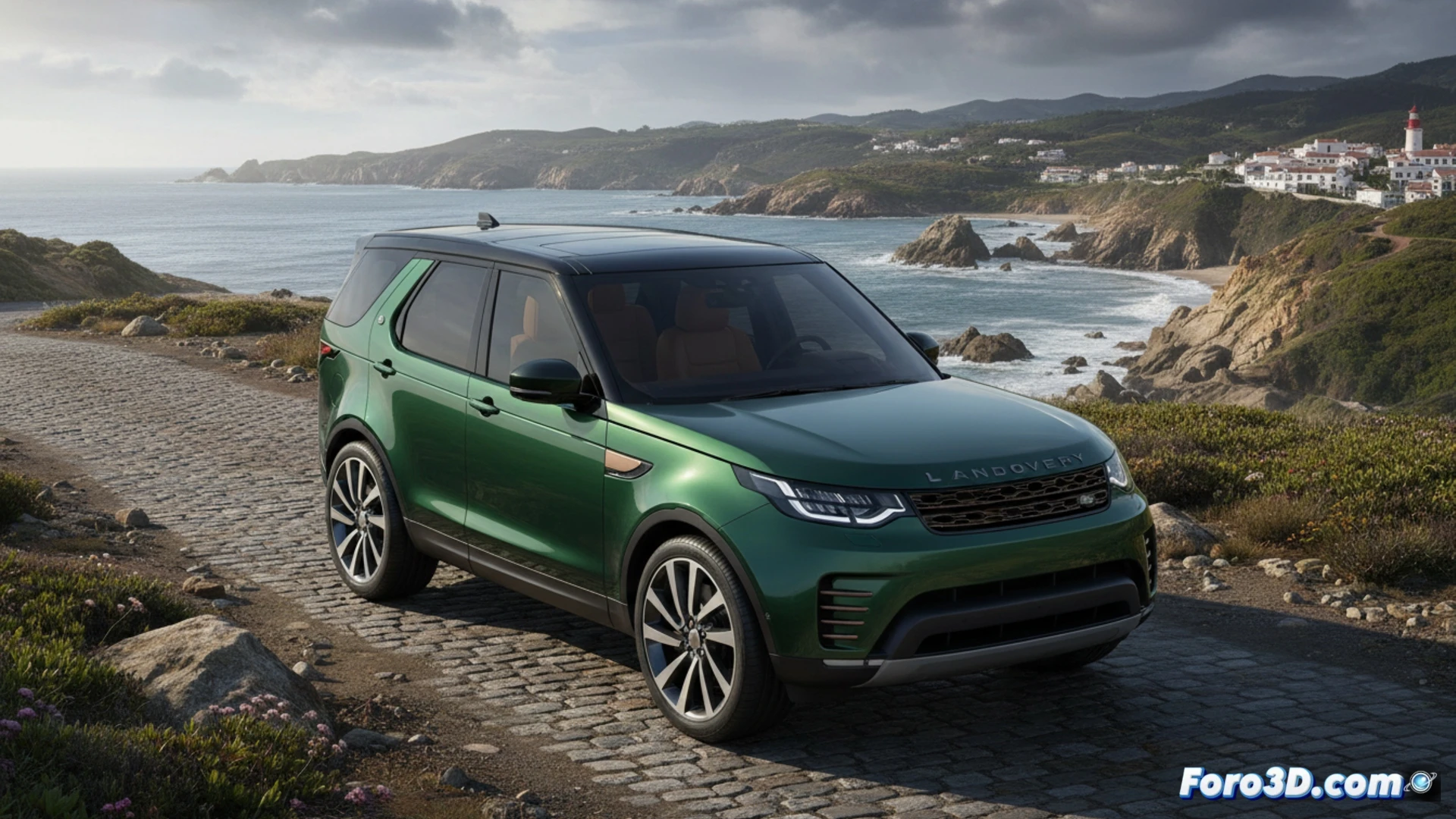 Land Rover Discovery 2026 chasis expuesto en sección transversal, suspensión neumática activa elevándose sobre terreno rocoso mientras ruedas traseras muestran tracción total, ingeniero revisando sistema de control de altura con tableta digital mostrando datos de ángulo de inclinación, herramientas de diagnóstico sobre el capó abierto, interior de siete plazas visible con asientos plegados demostrando modularidad, luces LED diurnas iluminando polvo levantado durante ascenso, estilo cinematográfico de visualización técnica, metales pulidos y plásticos negros mate, fondo de estudio con iluminación dramática de estudio, render fotorrealista de ingeniería automotriz