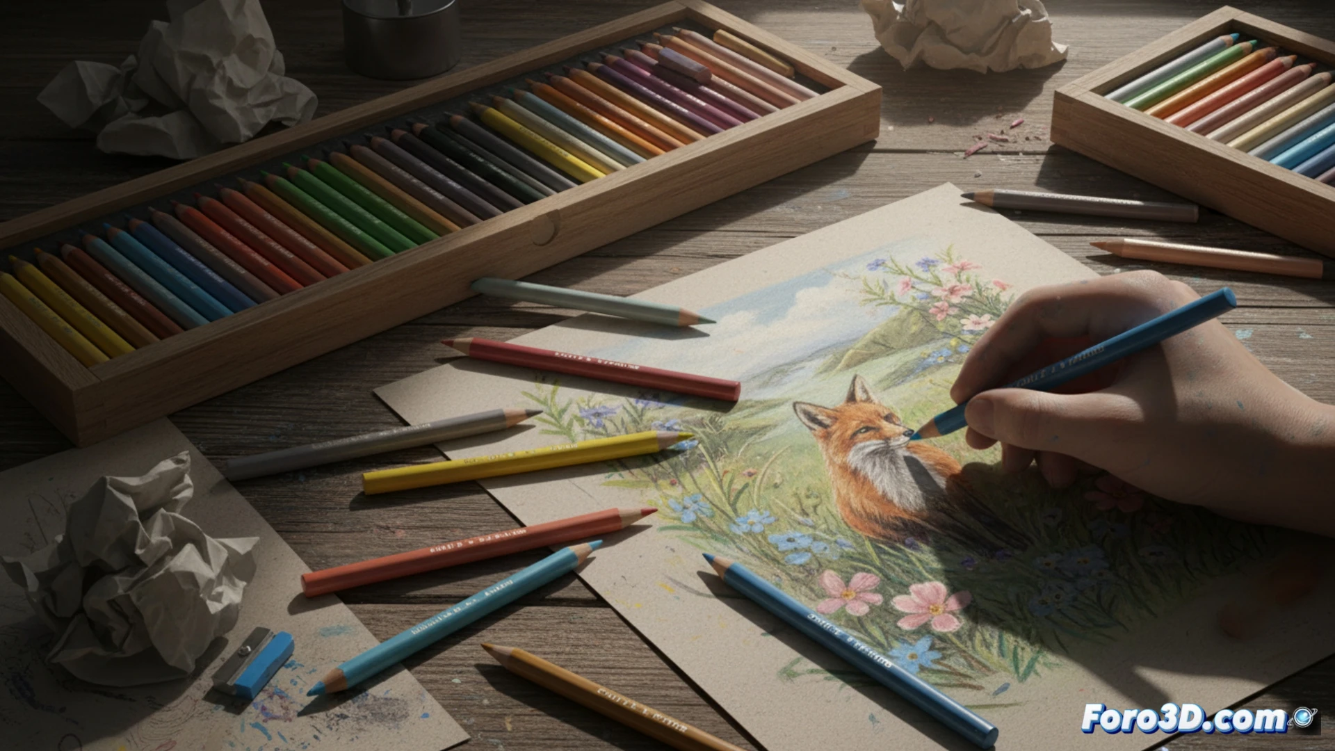 Descripción detallada para imagen: Primer plano de una mano sosteniendo un lápiz pastel sobre un dibujo abstracto multicolor, con virutas suaves esparcidas. Al fondo, sets de 12 y 60 lápices de marcas Derwent, Conté y Rubens, junto a una goma de borrar y un difumino, bajo luz natural que resalta la textura polvorienta pero controlada.