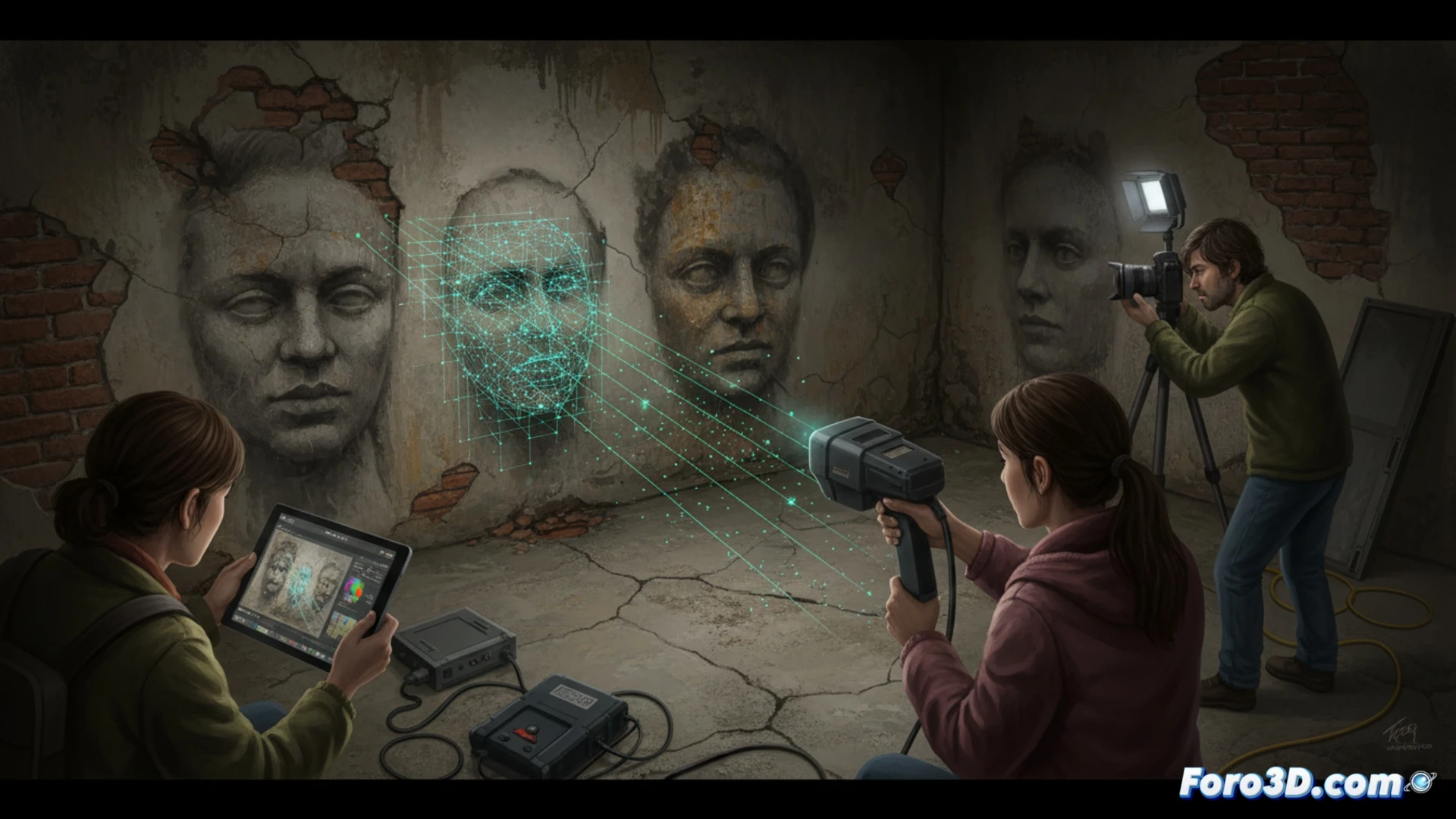 Escaneo 3D de las Caras de Bélmez en Jaén, España, mostrando pigmentaciones con formas humanas en el suelo
