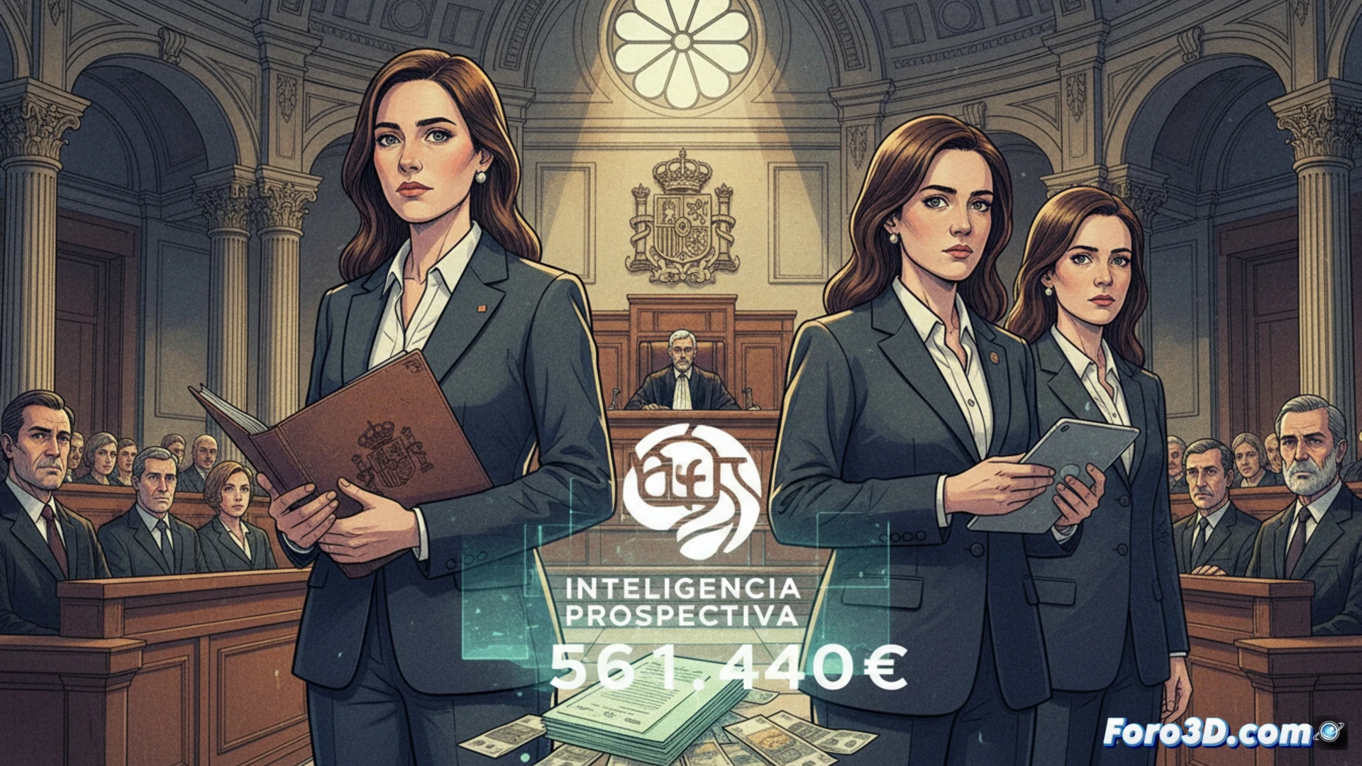 photorealistic scene of a corporate investigation, two women in business suits being escorted into a modern courthouse entrance, detectives holding tablets showing digital transaction flowcharts, a holographic projection of a ghost office building with no employees visible, documents with redacted sections floating in mid-air, forensic accountants analyzing financial records on laptop screens, dramatic shadows from ceiling lights, tension in body language, cinematic lighting, ultra-detailed textures on legal documents and electronic devices, technical illustration style