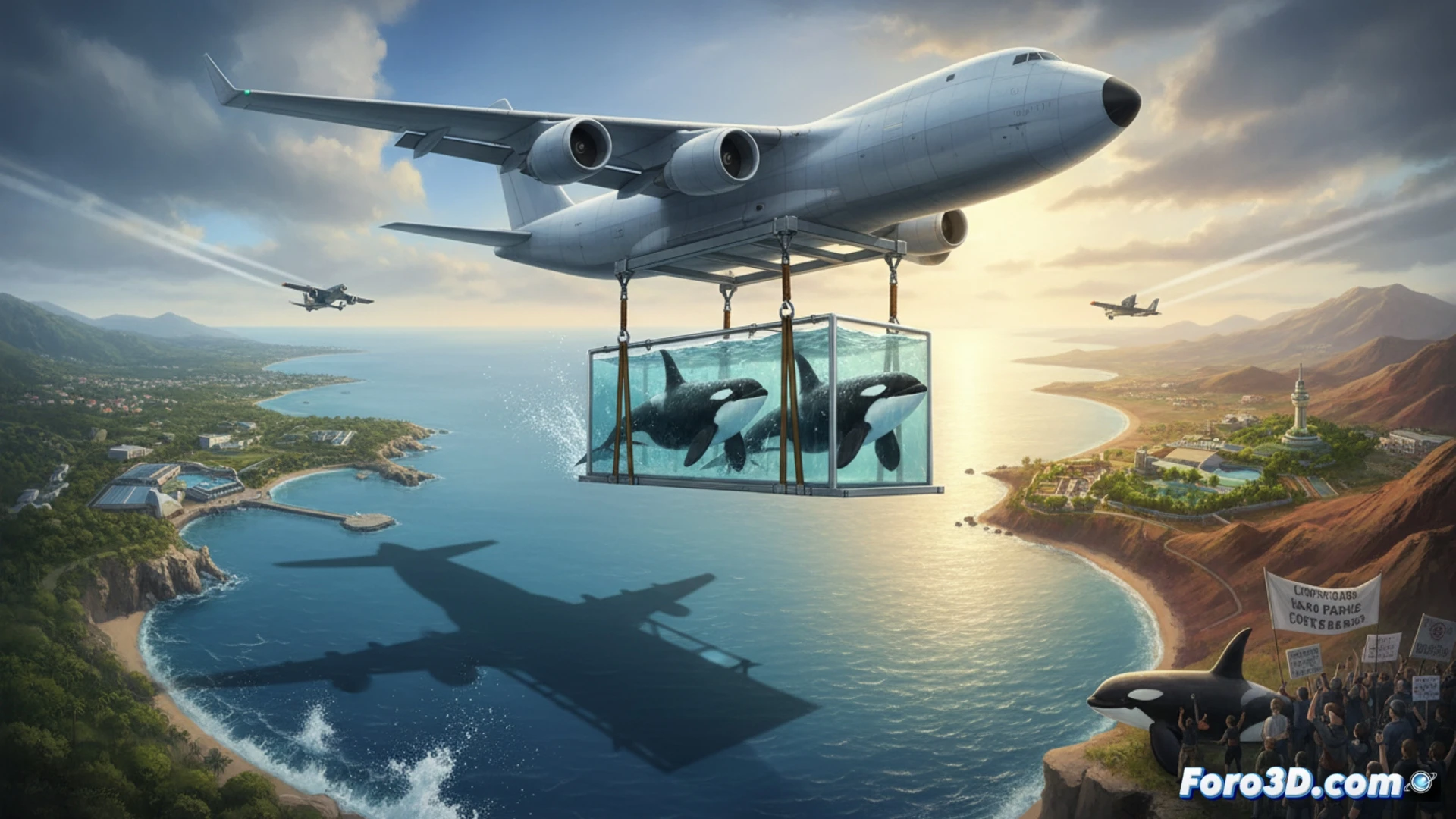 Two adult killer whales, one larger female and one smaller male, swimming side-by-side inside a massive transparent acrylic transport tank, hydraulic lifting arms and steel bracing framing the container, seawater sloshing against the walls during the loading process onto a cargo aircraft, ground crew in reflective vests securing straps and monitoring pressure gauges, industrial hangar lighting reflecting off wet surfaces, dramatic contrast between dark whale bodies and bright technical equipment, photorealistic cinematic engineering visualization, ultra-detailed mechanical and marine elements