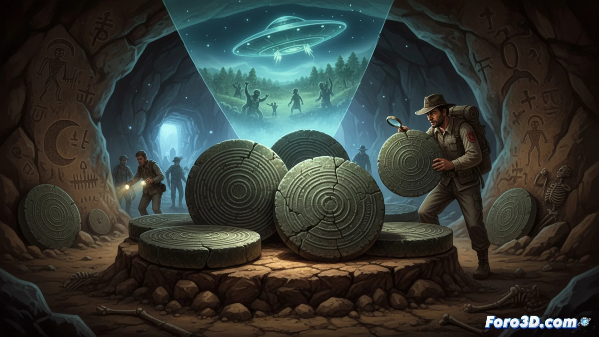 Ancient stone discs with spiral grooves being examined by archaeologists in a dimly lit cave, one disc partially embedded in rocky soil, a researcher holding a magnifying glass over the spiral patterns while another uses a portable XRF scanner to analyze mineral composition, dust particles floating in beams of natural light from a cave opening, stone tools and brushes on a portable workstation, cinematic photorealistic style, dramatic chiaroscuro lighting, ultra-detailed stone texture with eroded spiral carvings, mysterious atmosphere, technical archaeological documentation