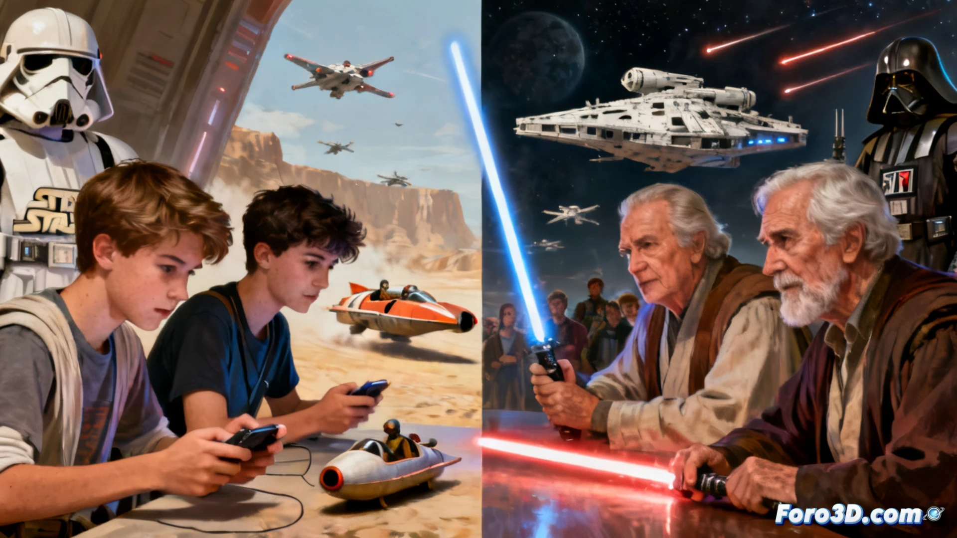 Imagen que muestra el emblema de Star Wars dividido: lado izquierdo con Darth Maul y Anakin, lado derecho con Luke y Vader. Al fondo, iconos de Disney+ crecen del lado precuela, simbolizando el cambio generacional en audiencias.