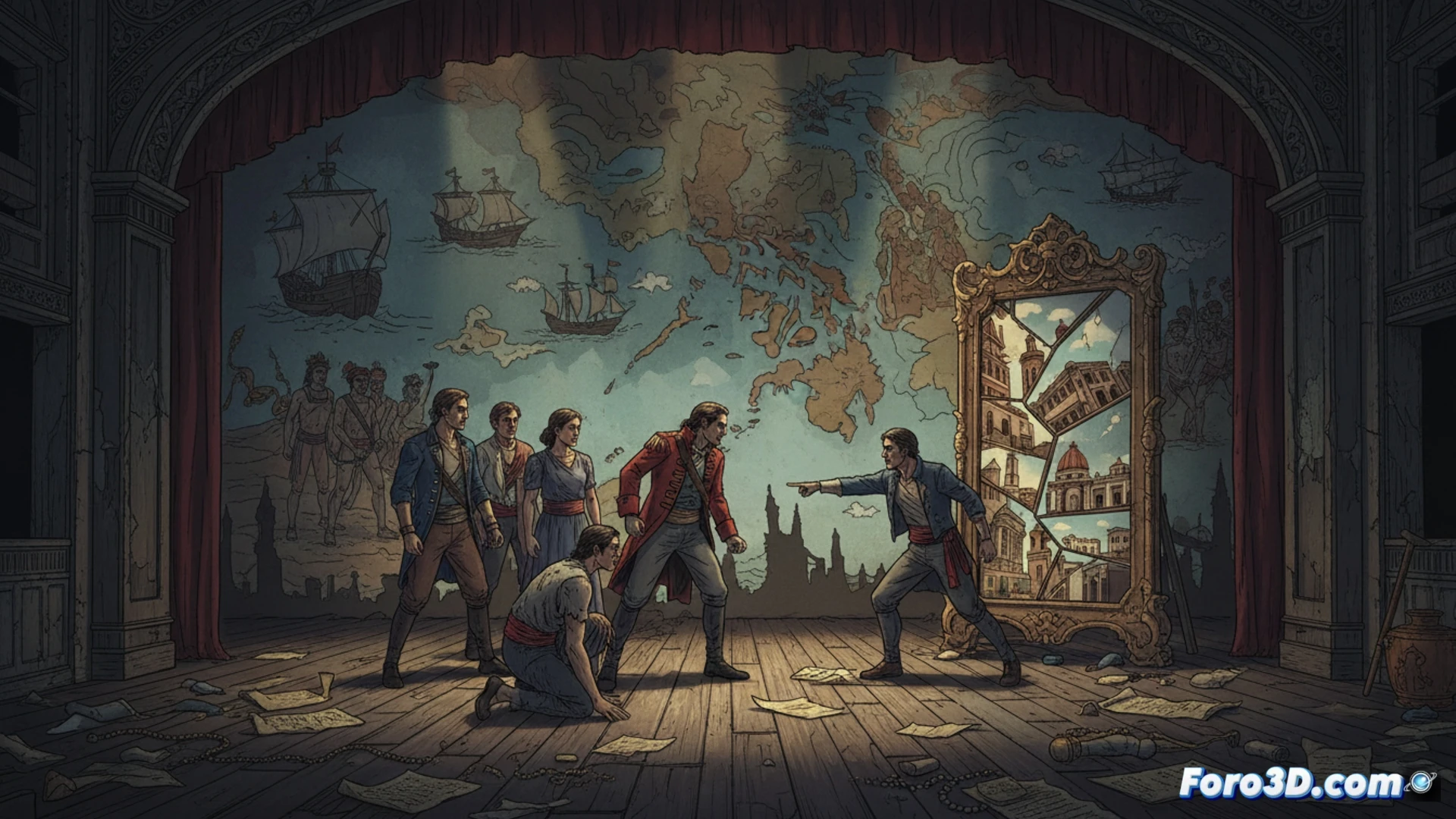 Un escenario teatral con sombras de figuras filipinas y españolas refleja un espejo roto del legado colonial.