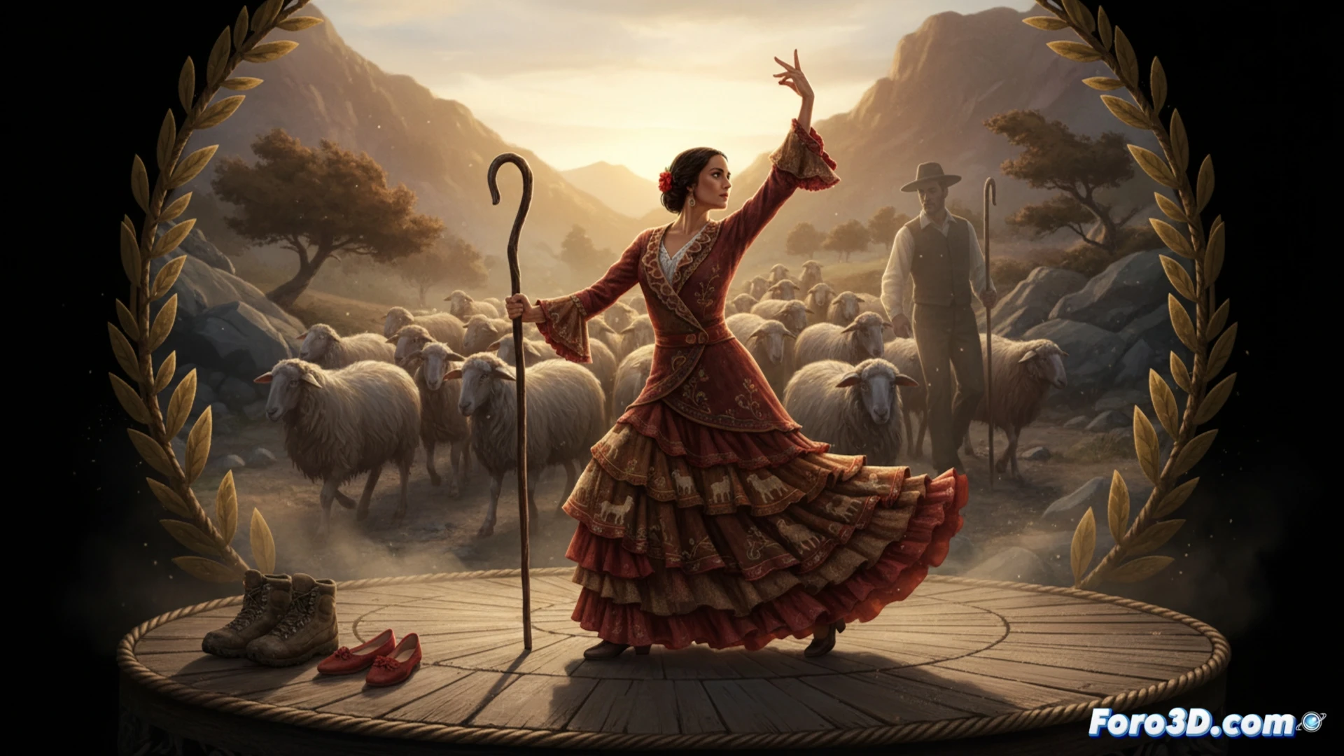 Una bailarina con vestido flamenco rojo y botas de campo, sobre un escenario con ovejas y sierra al fondo.