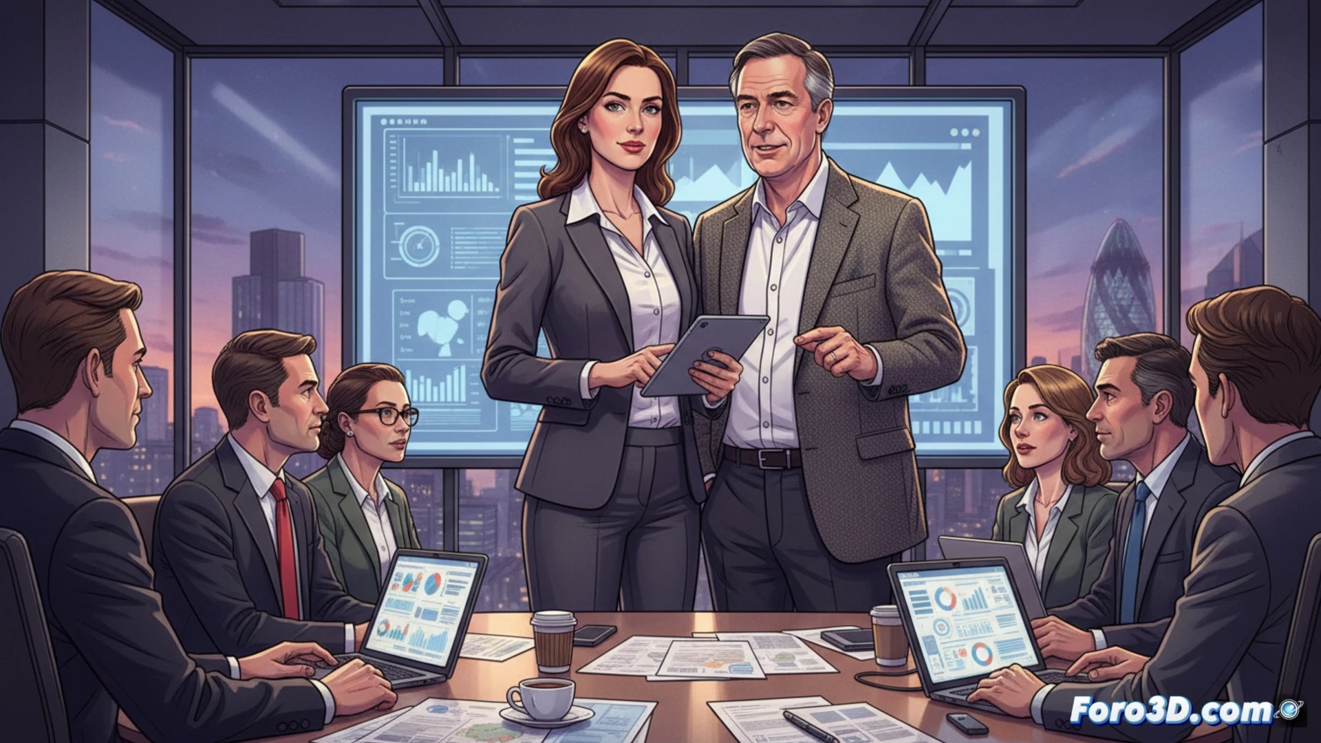 Laure Ferrari, asesora francesa, susurra estrategias a Nigel Farage en una sala de guerra política, con mapas y gráficos de encuestas británicas de fondo.