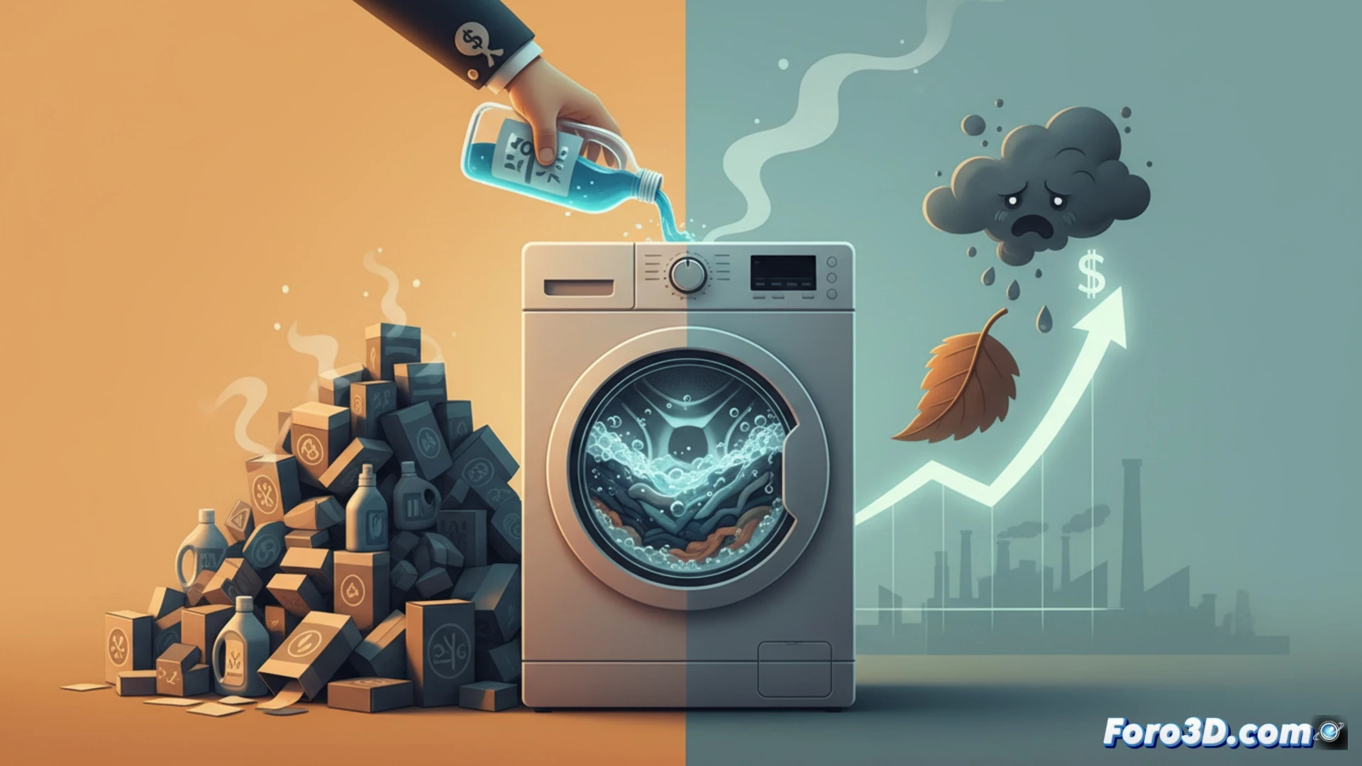 modern washing machine interior cross-section, cold water entering drum while detergent dispenser remains empty, visible energy meter showing high consumption during hot cycle, discarded fabric softener bottle and unused detergent box in foreground, cinematic technical illustration, photorealistic render, dramatic side lighting highlighting water droplets and metallic drum surface, steam rising from hot water contrasted with blue cold water stream, action of wasteful process demonstrated through glowing heat lines and empty soap compartments, ultra-detailed mechanical components, industrial aesthetic with cool blue and warm orange tones